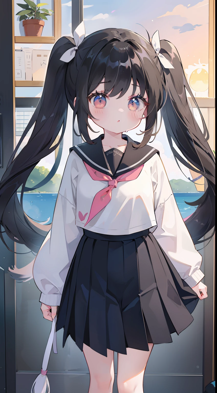 One girl、poneyTail、A dark-haired、校服、cute little、​masterpiece、Top image quality、top-quality、pleatedskirt、夏天