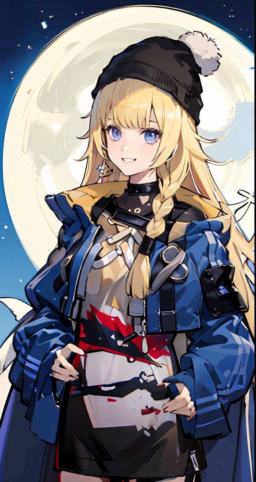 original outfit, 1girl, solo, long hair, beanie, outdoors, moon shining, jacket, smile, blue jacket, alternate costume