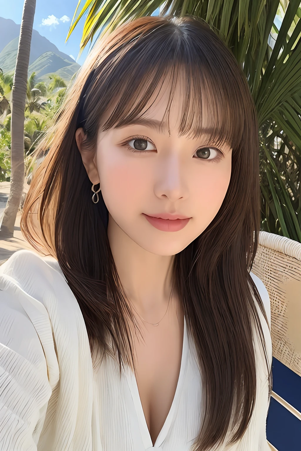 (From below:1),1girl in,(with Sitting on beach chair:1.3),Light Brown Fringe Longhair、Braided hair、disheveled hair、Light brown eyes、(dignified expression)、(Colorful micro bikini),(爆乳:1.4)、(Emphasize the valley:1.3)、the beach、Palm trees、blue-sky、(Photorealsitic)、(intricate detailes:1.2)、(​masterpiece、:1.3)、(top-quality:1.4)、(超A high resolution:1.2)、超A high resolution、(A detailed eye)、(detailed facial features)、