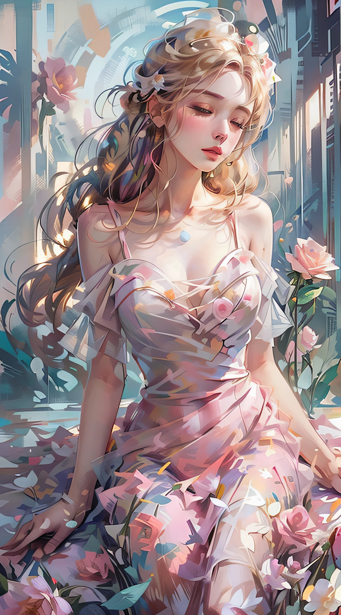 shui001,1girll, Solo exhibition, florals, shift dresses, blond hairbl, Closed eyes, White flowers, rosette, lie, (white dresses), Pink white rose, On the back, cparted lips, putting makeup on, 无袖, Estampados florales