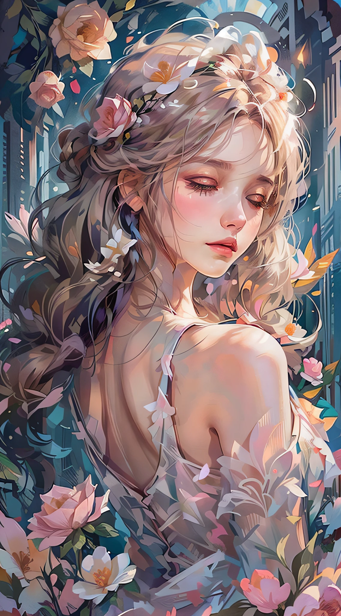 shui001，1girll， Solo exhibition， florals， shift dresses， blond hairbl， Closed eyes， White flowers， rosette， lie， （white dresses）， Pink white rose， On the back， cparted lips， putting makeup on， 无袖， Estampados florales