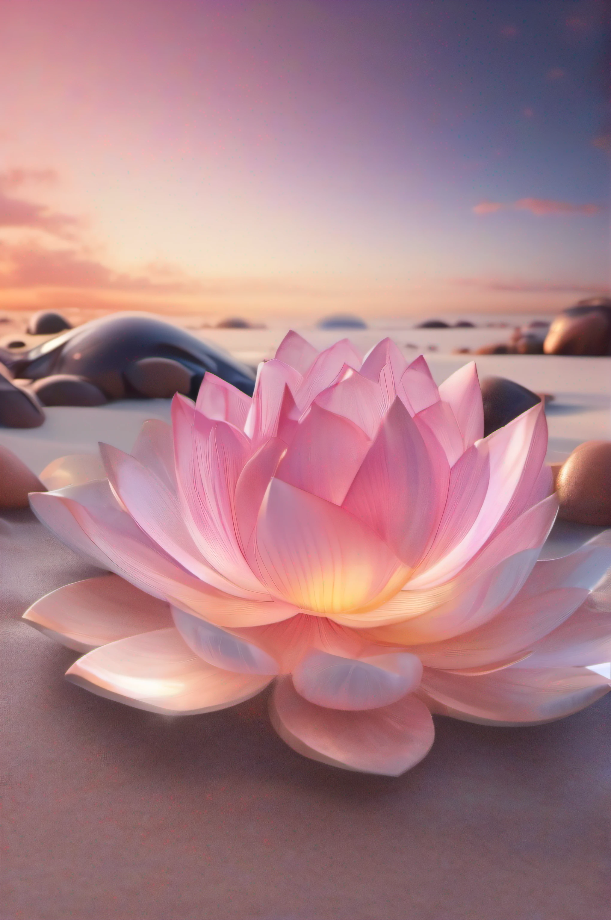 (8k wallpaper, .primitive, Photorealistic:1.25) ,( glossy side,, Best quality, Ultra-high resolution, Depth of field, color difference, Caustics, Special light) ,Iridescent color style,(dreamy and romantic compositions:1.5)，Bright style，Crystal clear stone，Lotus-shaped stone，sandbeach，with light glowing，rays of sunshine,