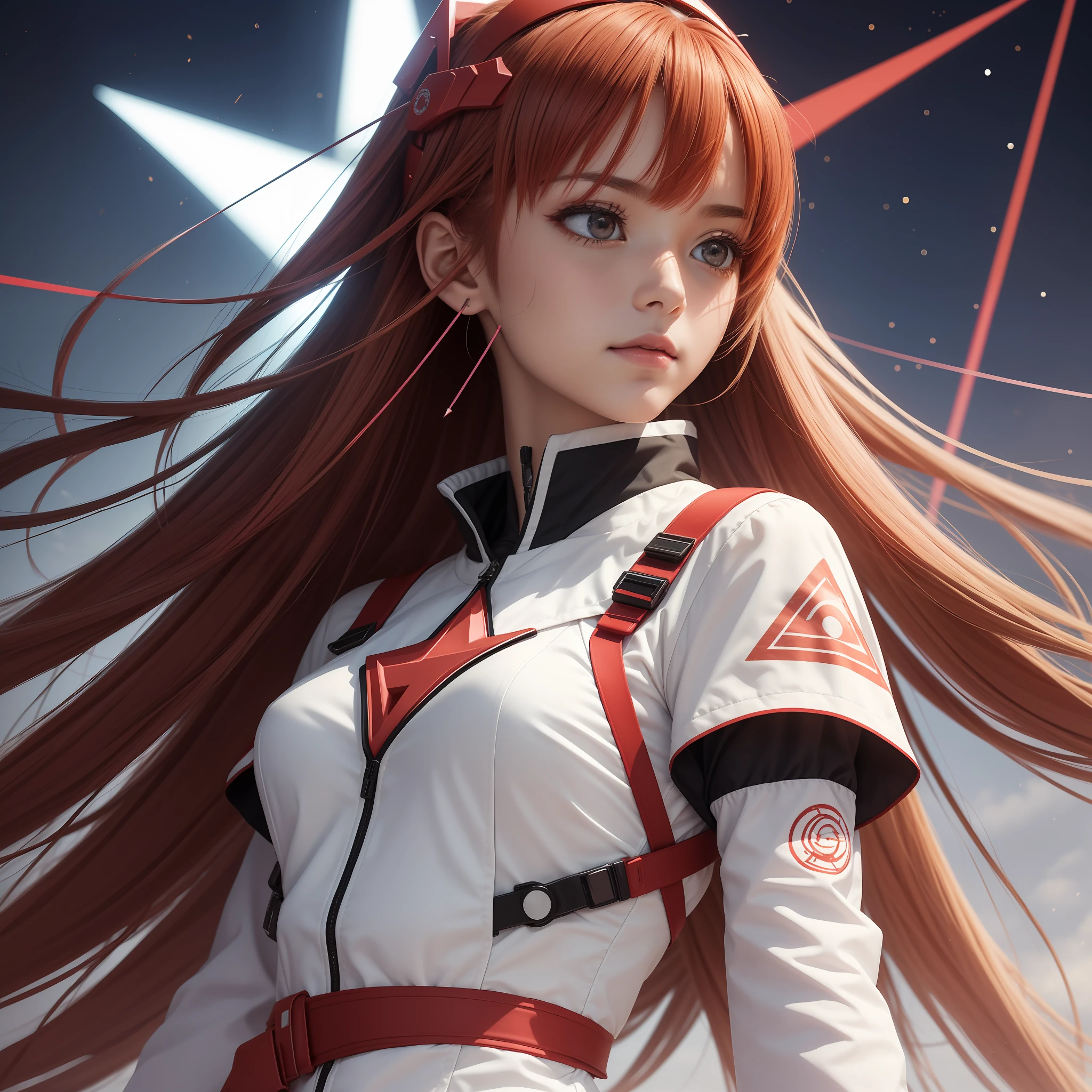 (8k, best quality, master part:1.2),altamente detalhado,master part,ultra-detalhado,sozinho,1girl,(fundo branco:1.5),(olhos delicados),((cabelos brancos)),PlugNaipe, 1girl, estrela_\(heaven\), curto_Hair, estrelado_heaven, BodyNaipe, Ayanami_Rei, sozinho, noite_heaven, vermelho_olho, vermelho_Background Story, seios, Branco_BodyNaipe, piloto_Naipe, spear_Of_Longinus, franja, luz_particuls, ((Triangular psychosensory devices on both sides of the head)), Souryuu_Asuka_Langley,tenso_Clothes,Middle breast,Bokeh,clothes with a sense of mechanical technology, The small logo pattern on the chest is zero,