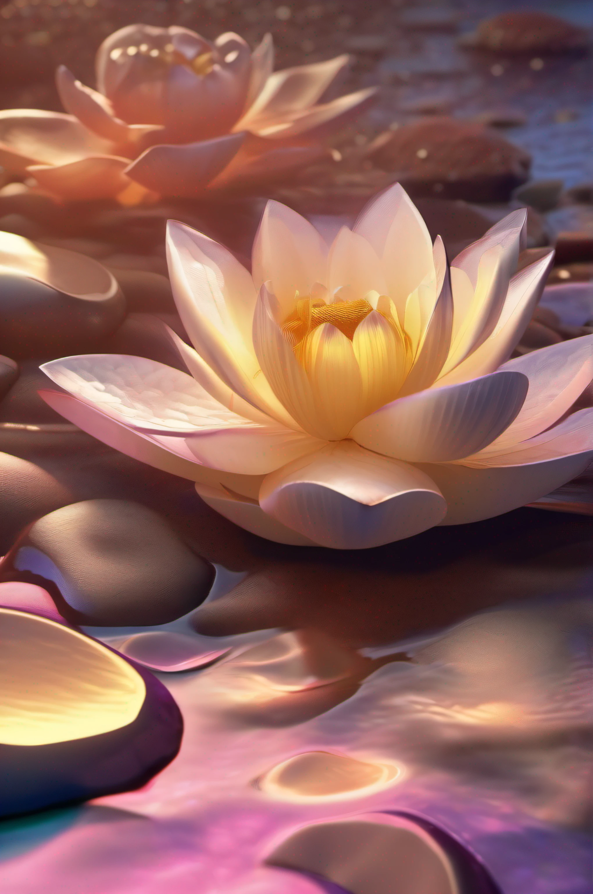 (8k wallpaper, .primitive, Photorealistic:1.25) ,( glossy side,, Best quality, Ultra-high resolution, Depth of field, color difference, Caustics, Special light) ,Iridescent color style,(dreamy and romantic compositions:1.5)，Bright style，Crystal clear stone，Lotus-shaped stone，sandbeach，with light glowing，rays of sunshine,