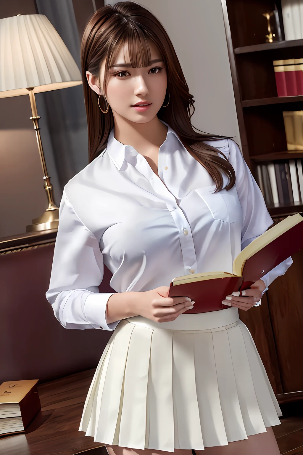 ​masterpiece, top-quality, 超A high resolution, (Photorealsitic:1.4), beautiful  lighting, RAW Photography, 8k UHD, Super detailed face, Realistic lightning, beautiful a girl, Sweet girl, ((Wearing a white shirt and a long pleated skirt)), longshot, full of shyness, Hide your face behind a book, Indoors,