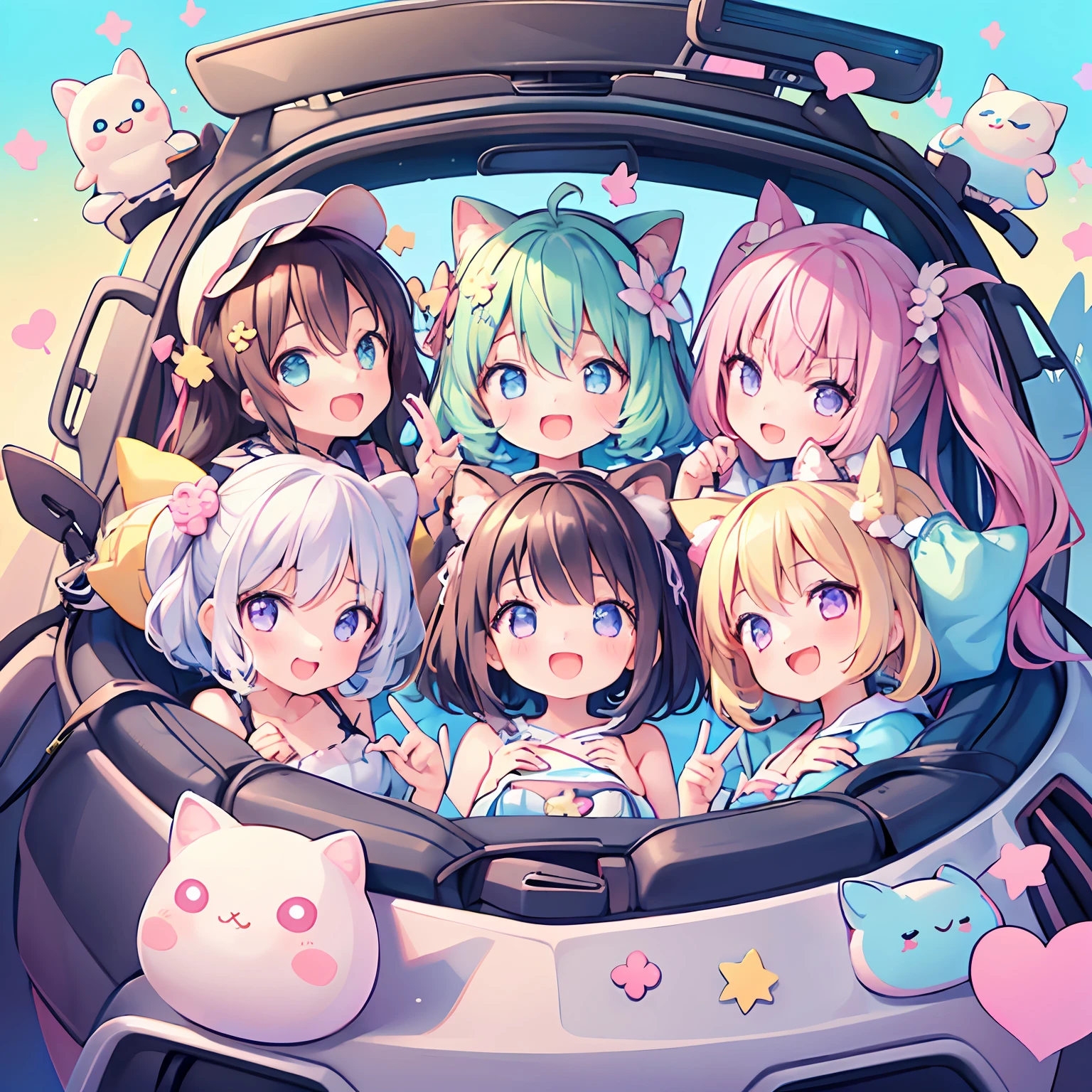 masterpiece, (2girls and 2girls and 2girls and 2girls in the car), idol, big eyes, kawaiitech, kawaii, cute, pastel colors, best quality, happy, deep background, symmetrical, tilted head, summer