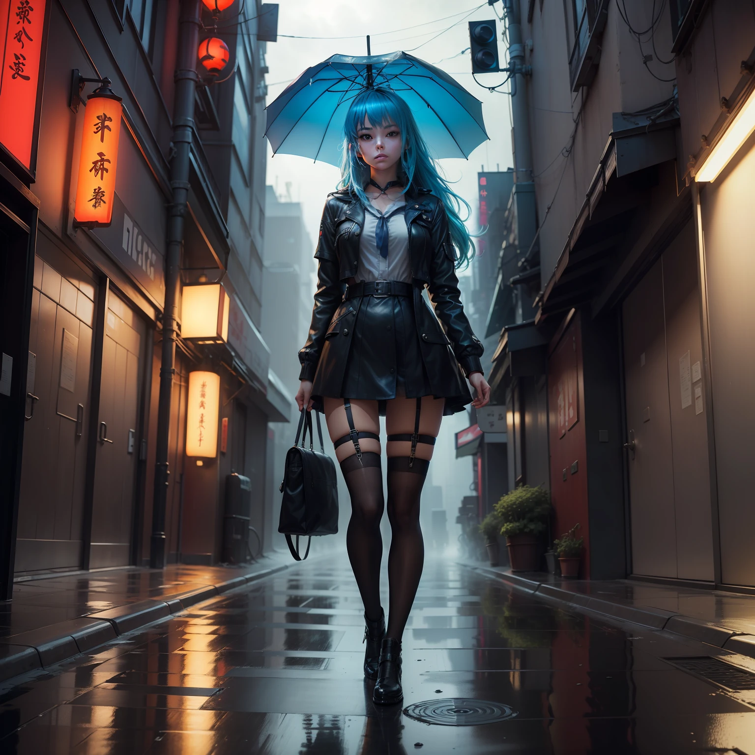 (best quality, masterpiece: 1.3), 1girl, rainy day, fog, alley, umbrella holding, large and transparent umbrella, looking at the viewer, blue hair, facing the photo, cyberpunk city, alone in the alley, neon in the alley, very reflective city, long hair, sized strands going over the alley, bars, Japan, Tokyo, garter belt on one leg, knee pad on the other leg, perfect hand, delicate, night