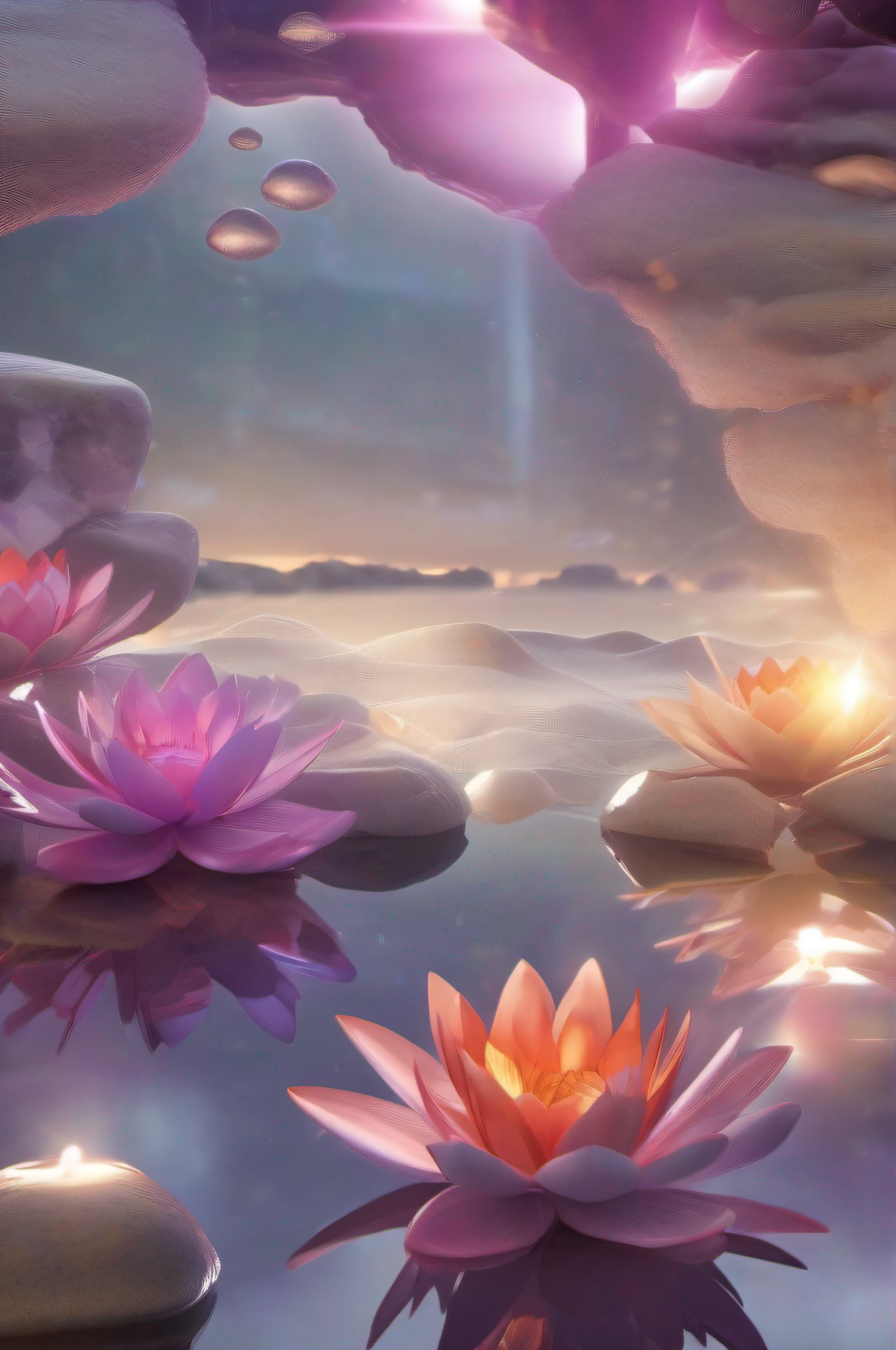 (8k wallpaper, .primitive, Photorealistic:1.25) ,( glossy side,, Best quality, Ultra-high resolution, Depth of field, color difference, Caustics, Special light) ,Iridescent color style,(dreamy and romantic compositions:1.5)，Bright style，Crystal clear stone，Lotus-shaped stone，sandbeach，with light glowing，rays of sunshine,
