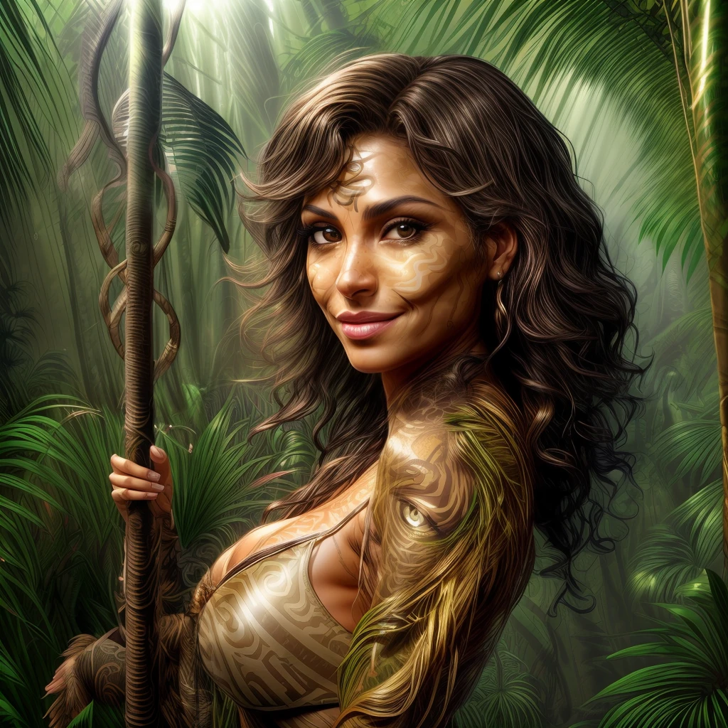 (smirk) (((Front Facing View))), (full body), (Highly Detailed), Beautiful, Stunning, (Portrait:1.2), Character, (latinos) feminine features, (adult), figure, mischievous expression, ((tan)) skin, green eyes, Wavy (hot) hair, ((smirk)), smile, confident, (self-assurance), ((Symmetrical Detailed Eyes)), (soft light:1.5), glow sun effect, (deep jungle atmosphere:1.6)
