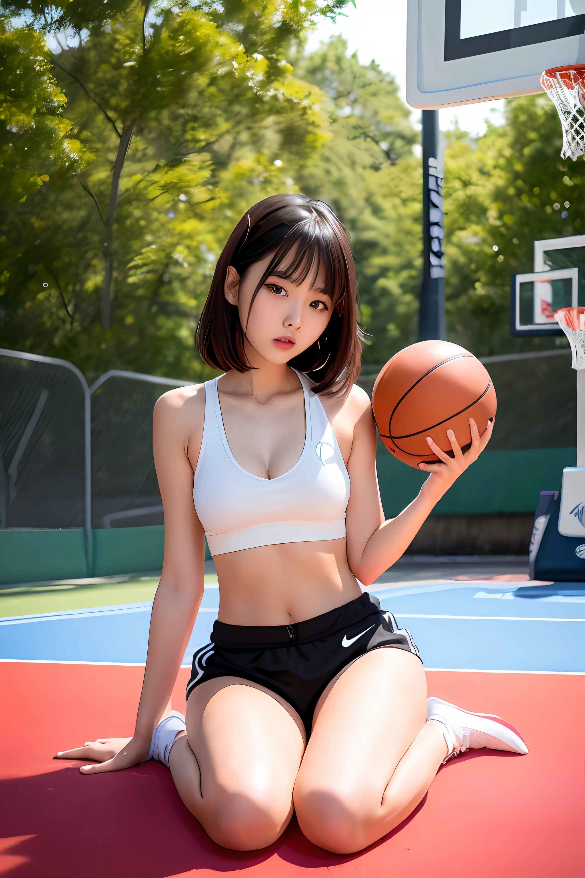 Woman sitting on basketball court holding basketball, Bra and shorts streetwear, ChineseGirl, bralette, Sporty, photo of slim girl model, beautiful Korean women, Song Huiqiao, Bikini bra and white shorts, Gorgeous young Chinese woman, White bra, Japan Women Fashion Models,Sexy girl，Barefoot，kneels on the ground