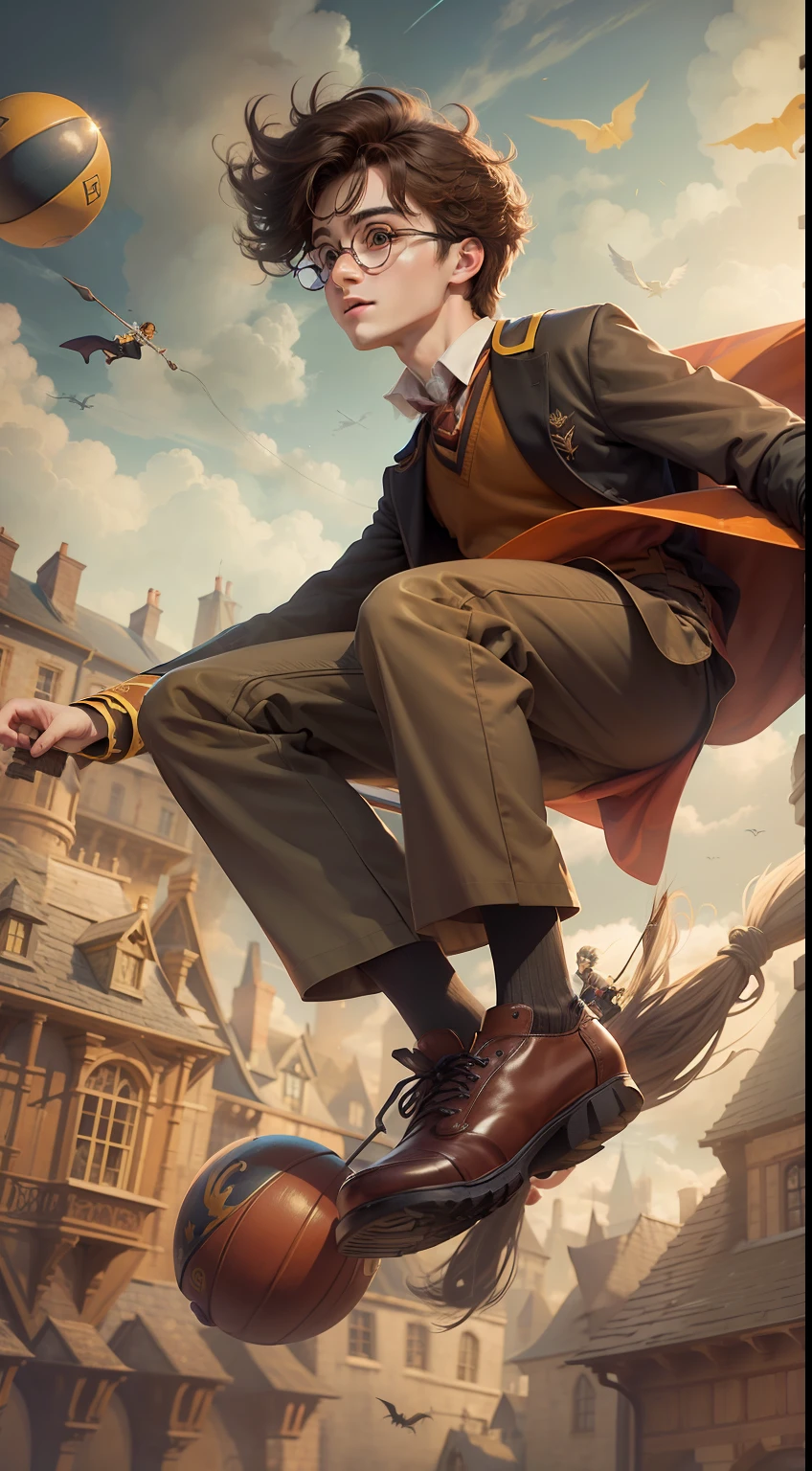 Harry Potter young man in dress pants playing Quidditch, sitting on a broom flying from the sky towards the ground