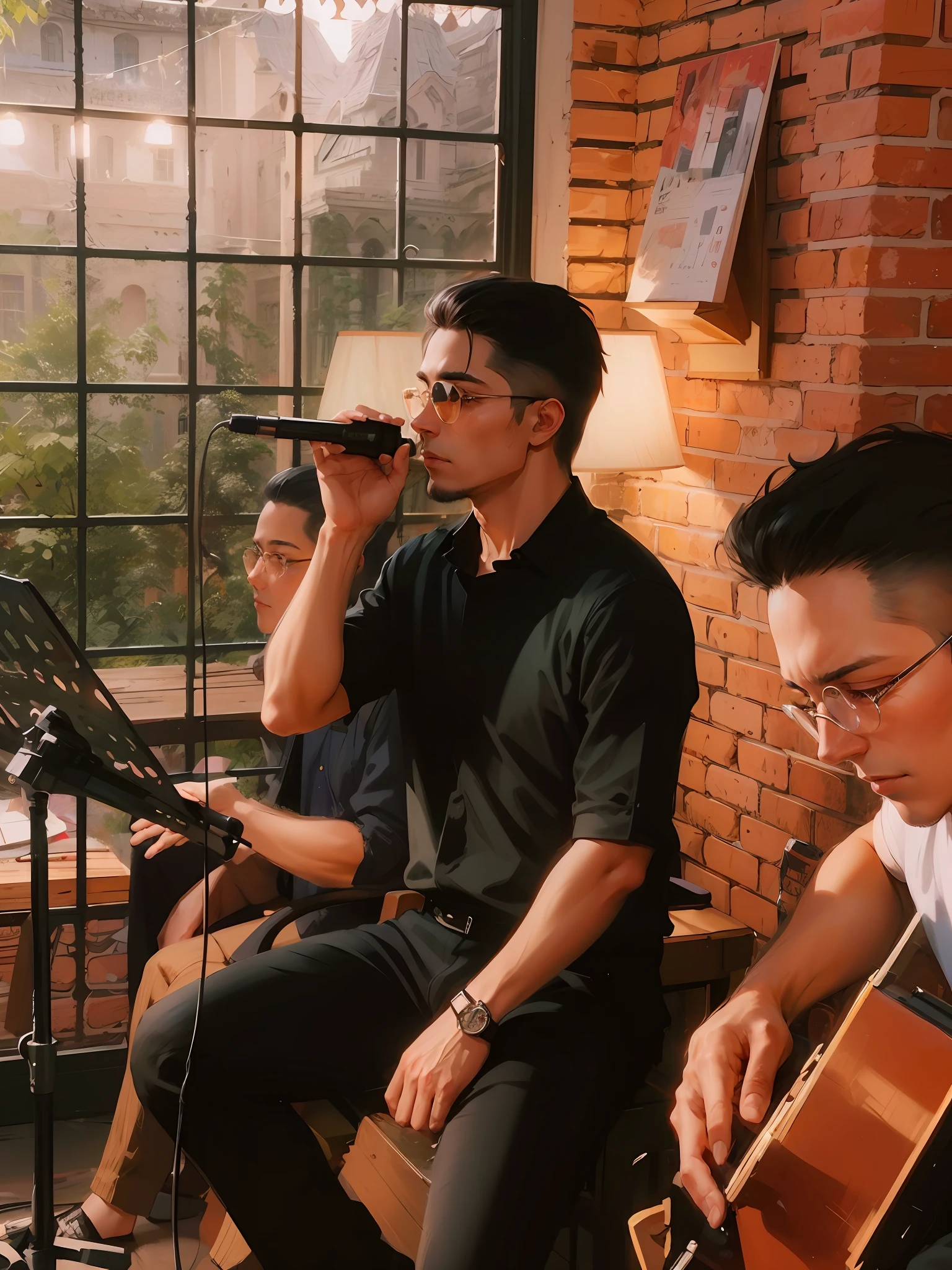 Exquisite details, top quality, draw me a dynamic person with dynamic angle holding a microphone finished with dark glasses on the nose, better finished glasses. The subject should be sharp and free of defects such as stains.