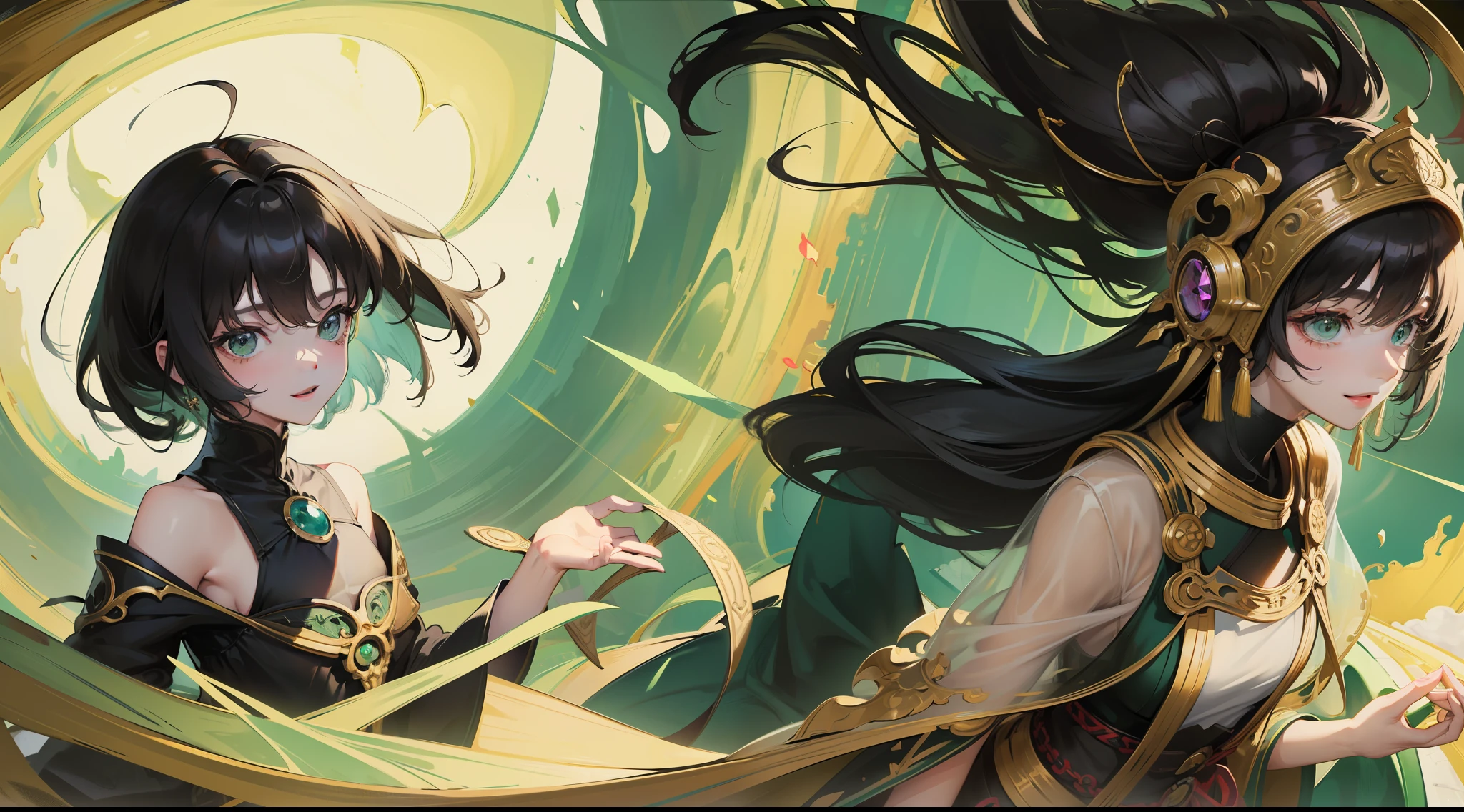 Black hair, kanzashi, covering ears, Light smile, surrealism,, stereograms, tachi-e, angle of view, Atmospheric perspective, romanticism lain, Verism, Wide-angle, Super detail, ccurate, Best quality, A high resolution,green color