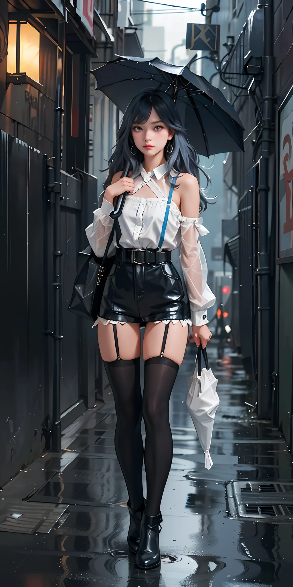 (best qualtiy,tmasterpiece:1.3), 1girll, rainy days, mist, alleys, umbrellas, Large and transparent umbrella, looking at viewert, whaite hair, facing the photo, Cyberpunk-city, Alone in the alley, Neon lights in the alley, Very reflective city, long whitr hair, Hair-sized strands cross the alley, Riman, jpn, toyko, Garter belt on one leg, Knee pads on the other leg, perfect hand,delicated,the night