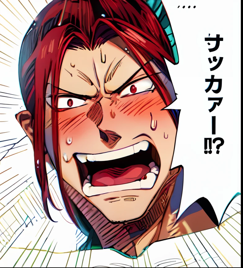 a anime of a man manga, crimson hair color, sweat, sweatdrop, open mouth, blushing, not wearing shirt, close up, text manga, color manga, manga color, color manga, color manga panel, simple background, a white background