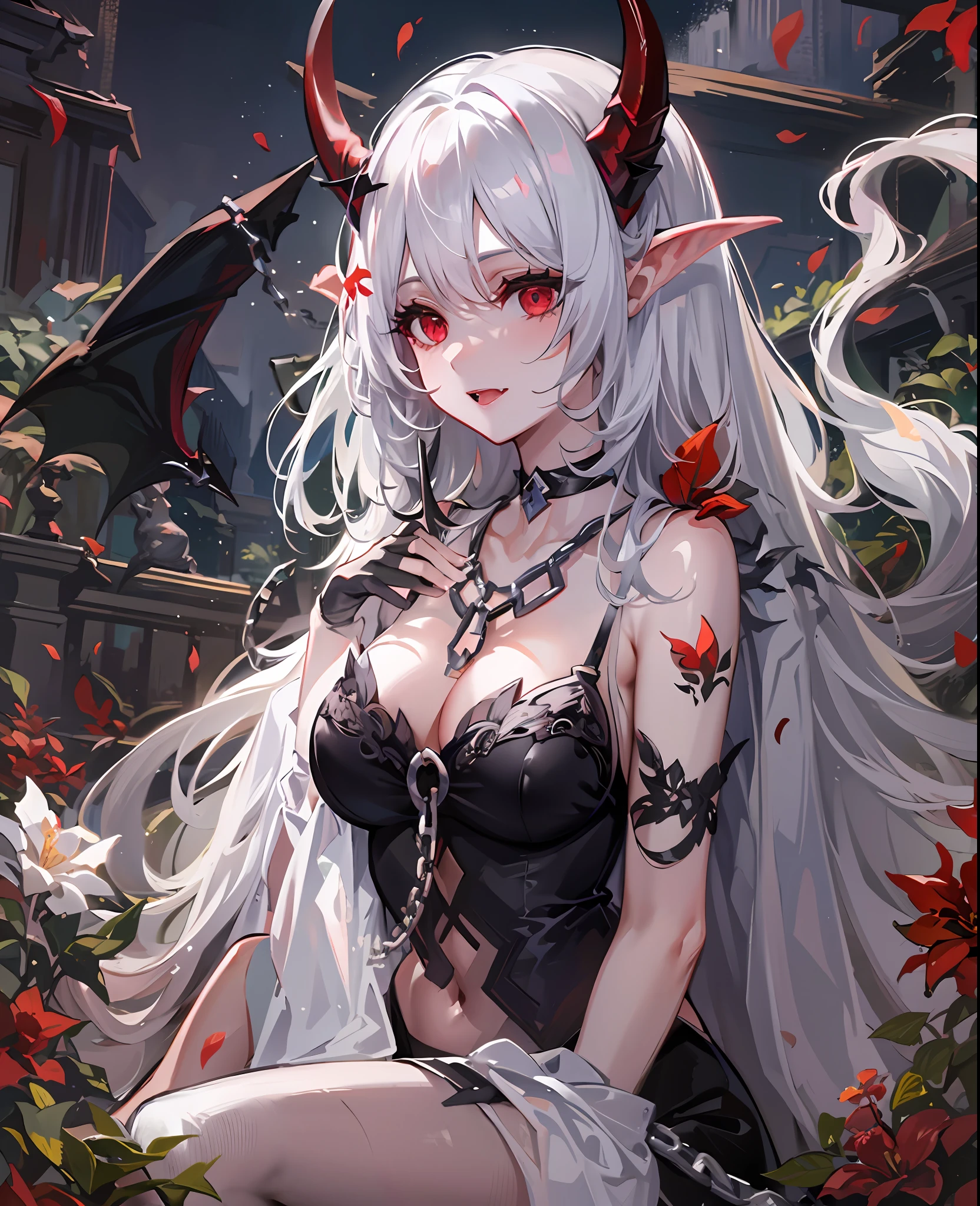 (​masterpiece),(best),(Highly detailed eyes)full body Esbian,symple background,Sitting,1 Devil Girl,long shiny hair,white  hair,Red Eyes、((demonic horns、Devil's Wings、Devil's Tail))、feathers hair ornament,White cloak,(see -through),Navel,Pale smile,a plant,florals,fullmoon,Detective theme,((Black legwear)),chains,Ruins, 1gir, In flowers,Black_bikini of,1 flower girl,Navel,