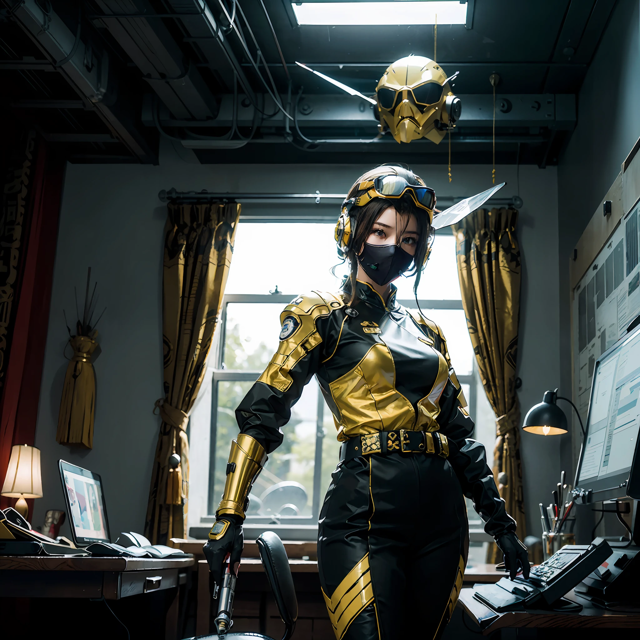in a panoramic view，photorealestic，cyber punk style，Blue sky, Fly a sci-fi plane，A military base at the foot of the modern Great Wall，3girl，Wear black Chinese high-tech clothing，Dressed in gorgeous gold Chinese high-tech armor，Wearing a gold high-tech helmet，Black high-tech mask，High-tech goggles，High-tech equipment hangs on the body，High-tech motorcycle，High-tech combat vehicles，Armed with a sci-fi sabre，Carry a sci-fi rifle，Standing in front of a military base，Sharp eyes，professinal，Meistwick，commissioned，best qualtiy，color corrected，After fixation，Retouching，Improvement，Epic，Tone-mapping，the detail， highly  detailed， digitial painting， art  stations， Conceptual map of the long dam， Smoothness， Sharp focus， Beautiful illustration， photore， The light from the back window is backlighted， 动态照明， Mist， 复杂， cinematic grain， professinal， face to the viewer，（Beautiful m3d_woman， Perfect M3D_face,）， Volumetriclighting， subsurfacescattering， Good highlights， Good shadows， cinematic ligh