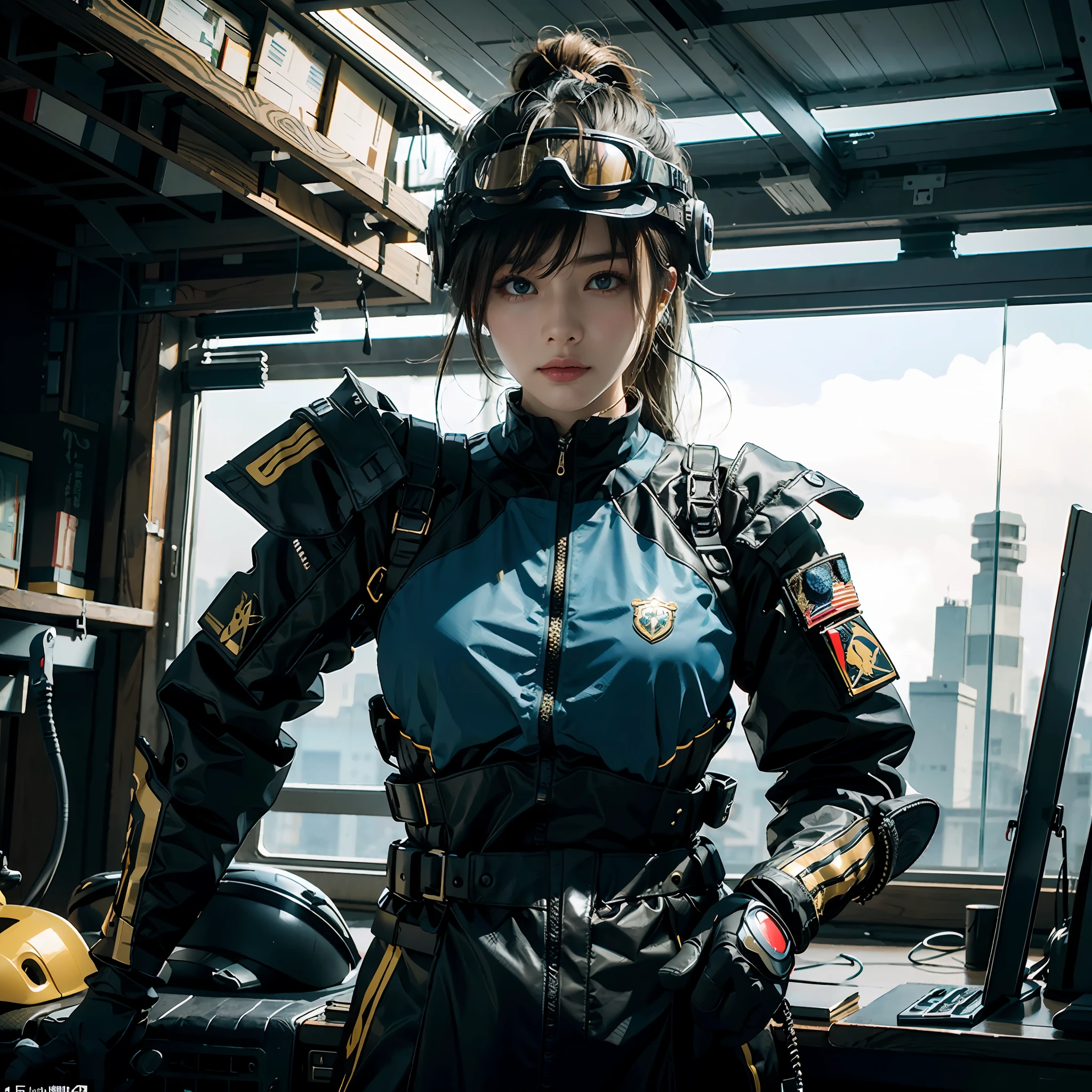 in a panoramic view，photorealestic，cyber punk style，Blue sky, Fly a sci-fi plane，A military base at the foot of the modern Great Wall，3girl，Wear black Chinese high-tech clothing，Dressed in gorgeous gold Chinese high-tech armor，Wearing a gold high-tech helmet，Black high-tech mask，High-tech goggles，High-tech equipment hangs on the body，High-tech motorcycle，High-tech combat vehicles，Armed with a sci-fi sabre，Carry a sci-fi rifle，Standing in front of a military base，Sharp eyes，professinal，Meistwick，commissioned，best qualtiy，color corrected，After fixation，Retouching，Improvement，Epic，Tone-mapping，the detail， highly  detailed， digitial painting， art  stations， Conceptual map of the long dam， Smoothness， Sharp focus， Beautiful illustration， photore， The light from the back window is backlighted， 动态照明， Mist， 复杂， cinematic grain， professinal， face to the viewer，（Beautiful m3d_woman， Perfect M3D_face,）， Volumetriclighting， subsurfacescattering， Good highlights， Good shadows， cinematic ligh