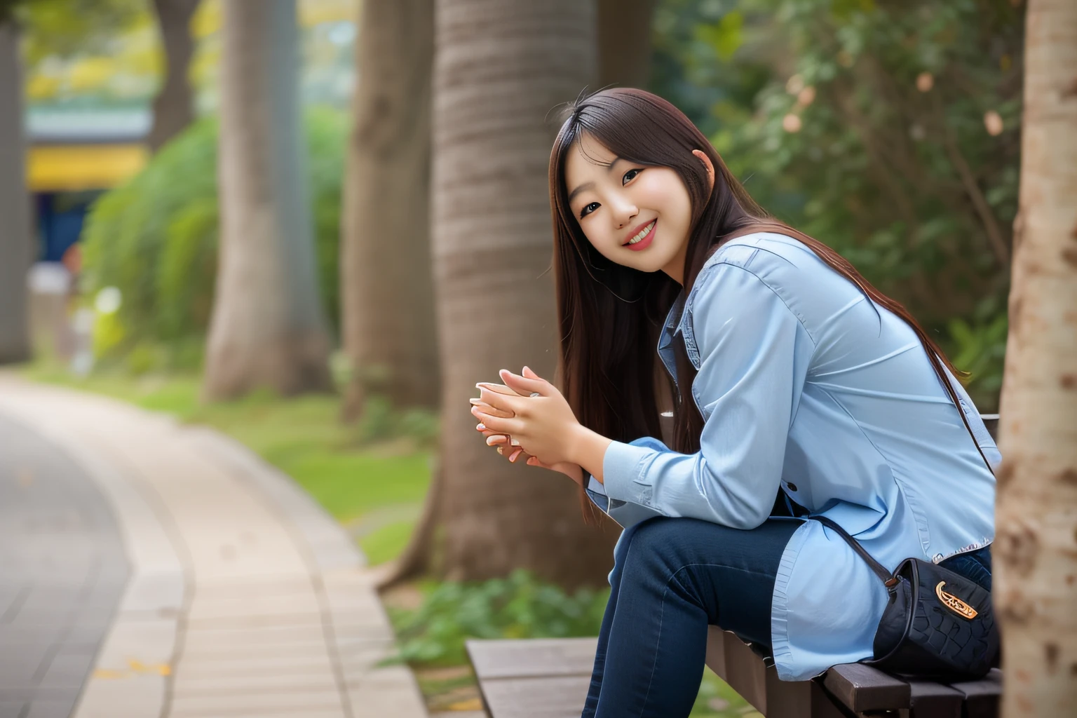 there is a woman sitting on a bench with a purse, A young Asian woman, Young Asian woman, Young Asian girl, An Asian woman, beautiful asian woman sitting, Asian girl with long hair, Chinese girl, Beautiful young Korean woman, Chinese woman, Korean woman, taken with canon eos 5 d mark iv, taken with canon 8 0 d, beautiful Korean women