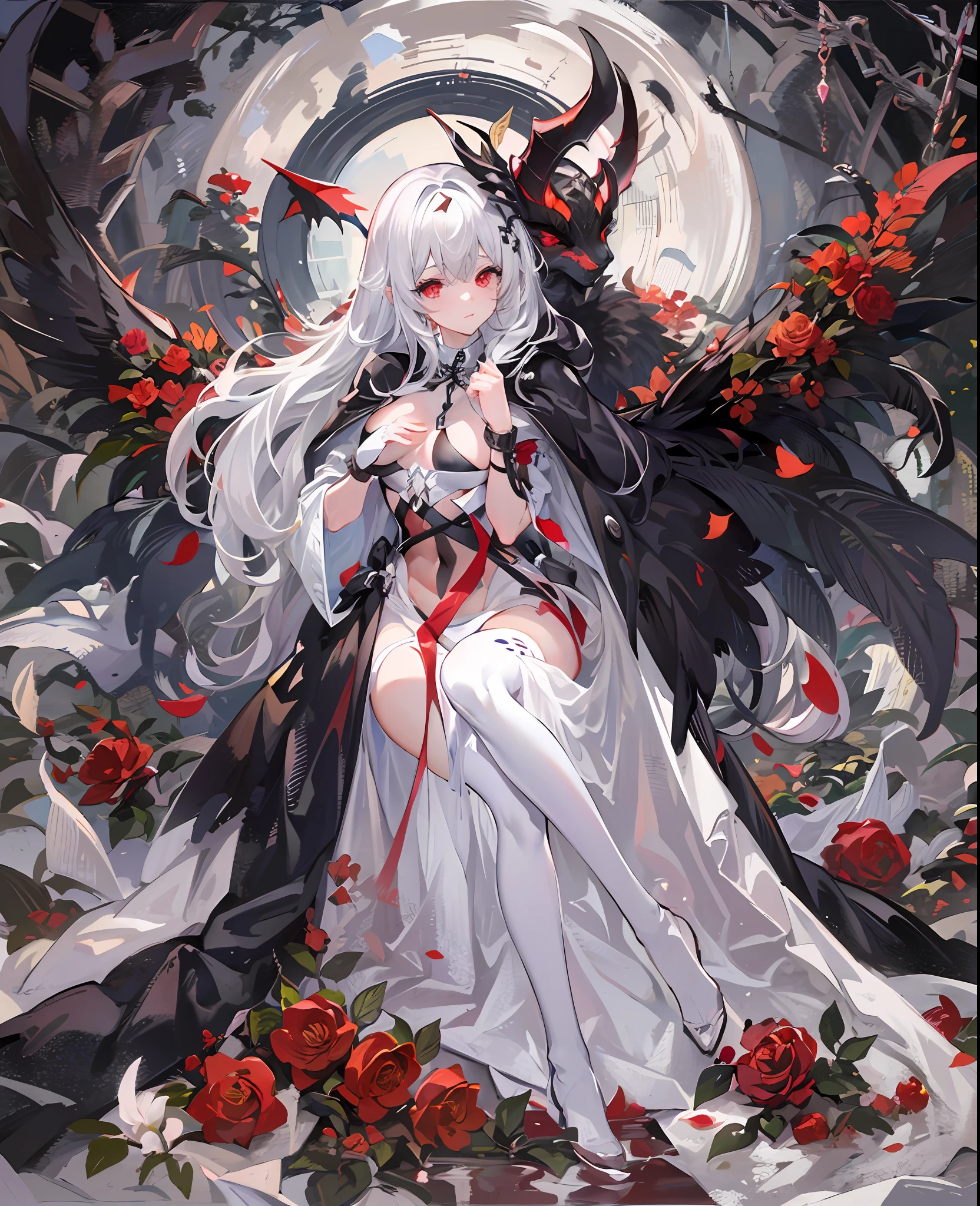 (masterpiece),(best),(Highly detailed eyes)full body Esbian,symple background,Sitting,1 Devil Girl,long shiny hair,white hair,Red Eyes、((demonic horns、Devil's Wings、Devil's Tail))、feathers hair ornament,White cloak,(see -through),Navel,Pale smile,a plant,florals,fullmoon,Detective theme,((Black legwear)),chains,Ruins, 1gir, In flowers,Black_bikini of,1 flower girl,Navel,