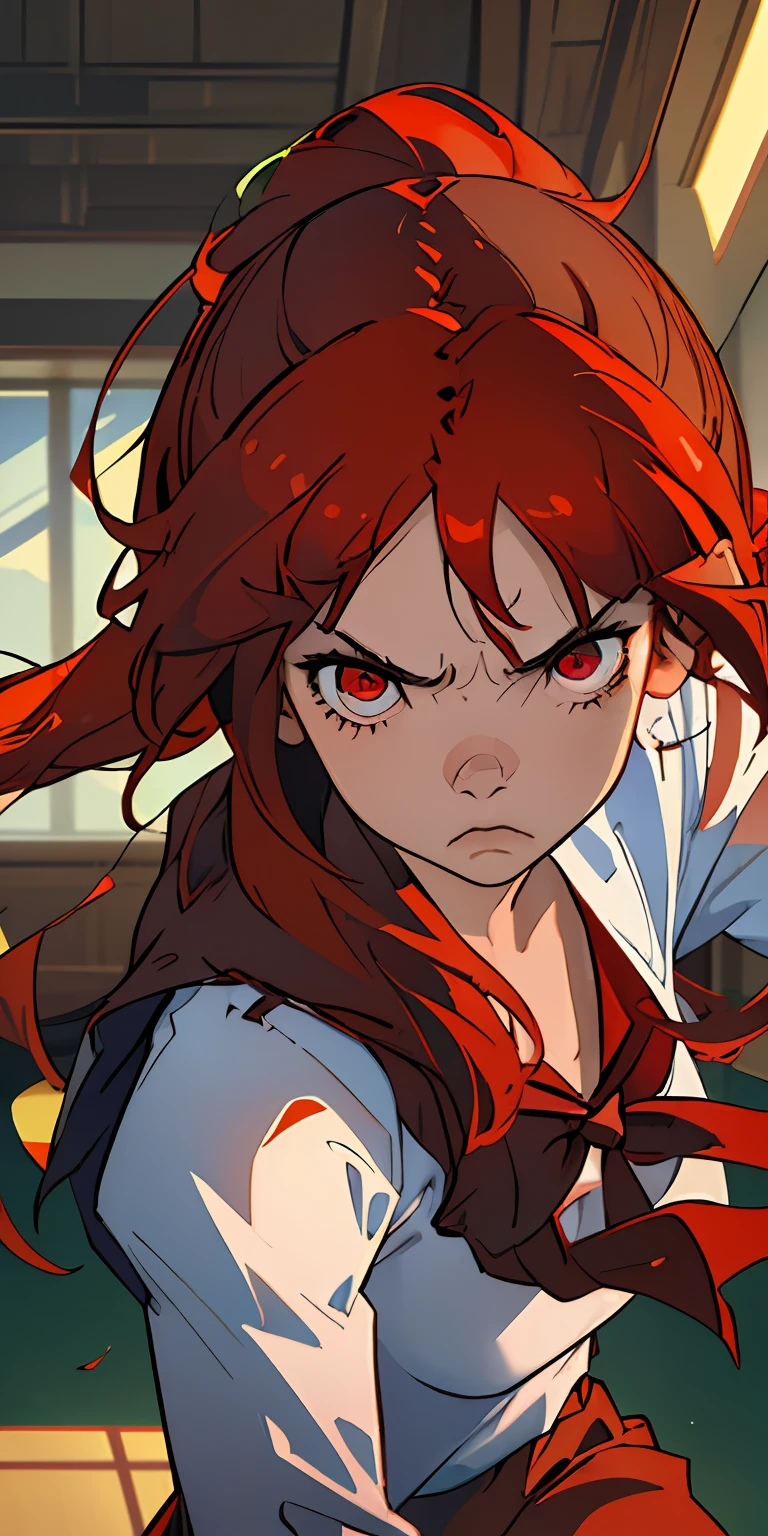 (best quality, masterpiece), 1girl, clenching fists, angry looking, red hair, red eyes, looking at viewer, indoors, school