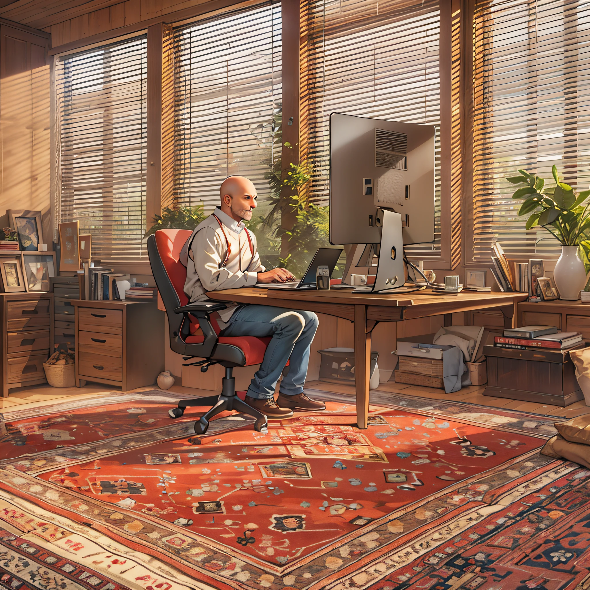 A bald uncle,Sit in front of your computer and surf the Internet,sobu,Study desk,carpets,floor to ceiling window