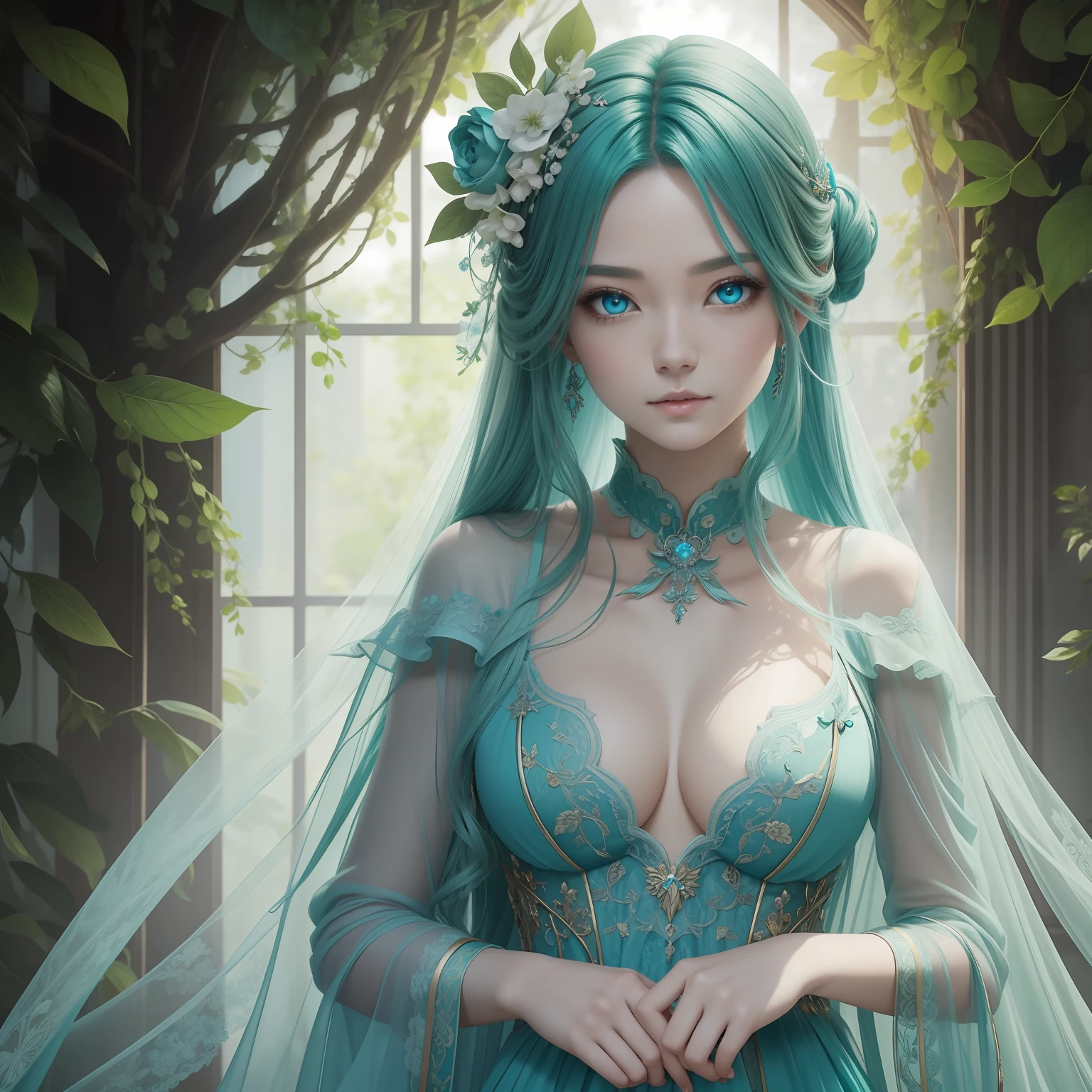 (masterpiece)8K分辨率、top-quality、Green Fairy、turquoise hair、Ash blue eyes、Hazel eyes、Delicate body、fantasy-inspired