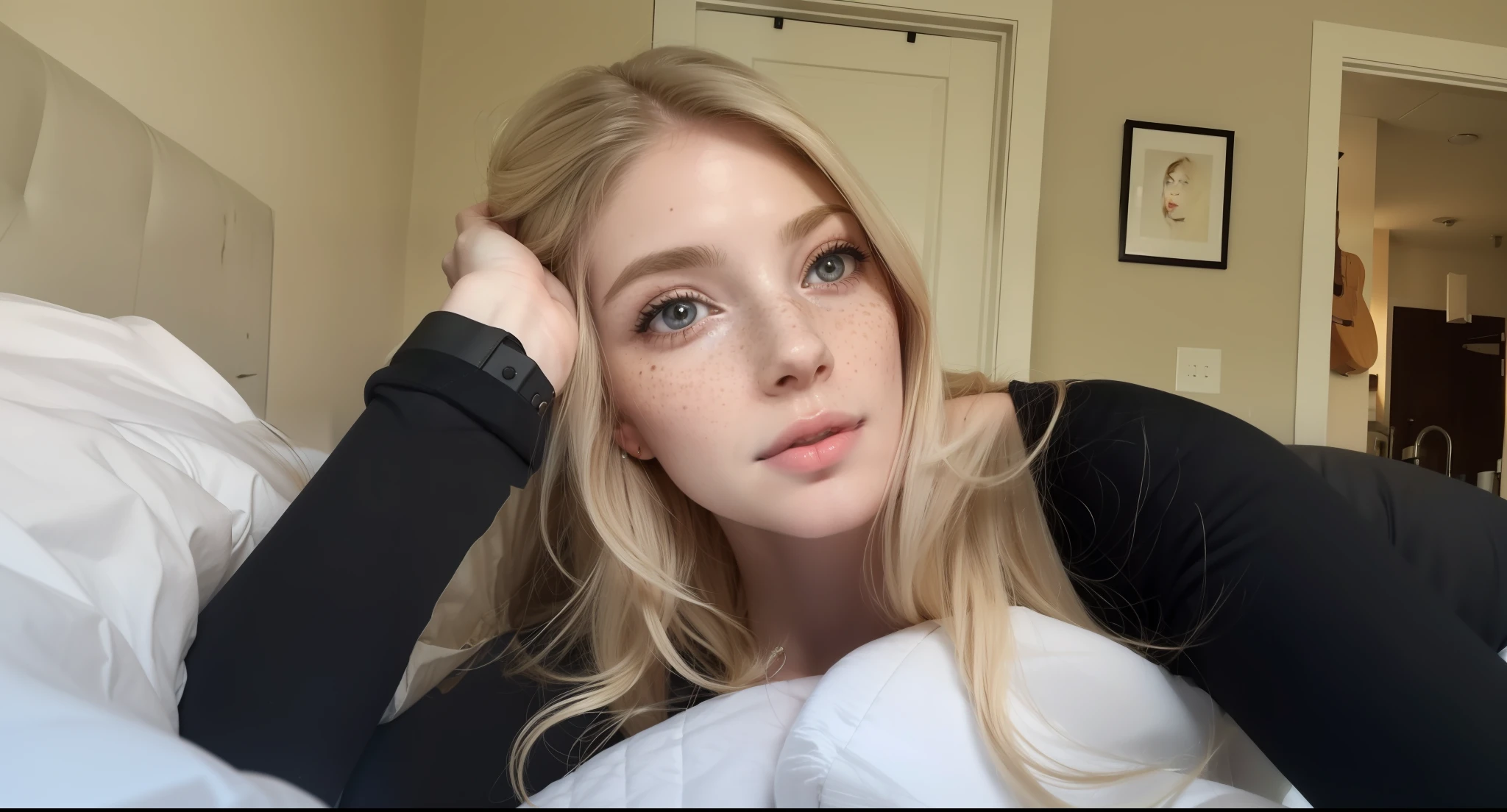 Rosto de uma mulher, americana, 25 anos, pale skin and freckles, olhos cinzas, nariz delicado, soft and delicate lips, cabelo blondie cinza longo e ondulado, ultrarrealista HD fotorrealista altamente renderizado sorriso cativante