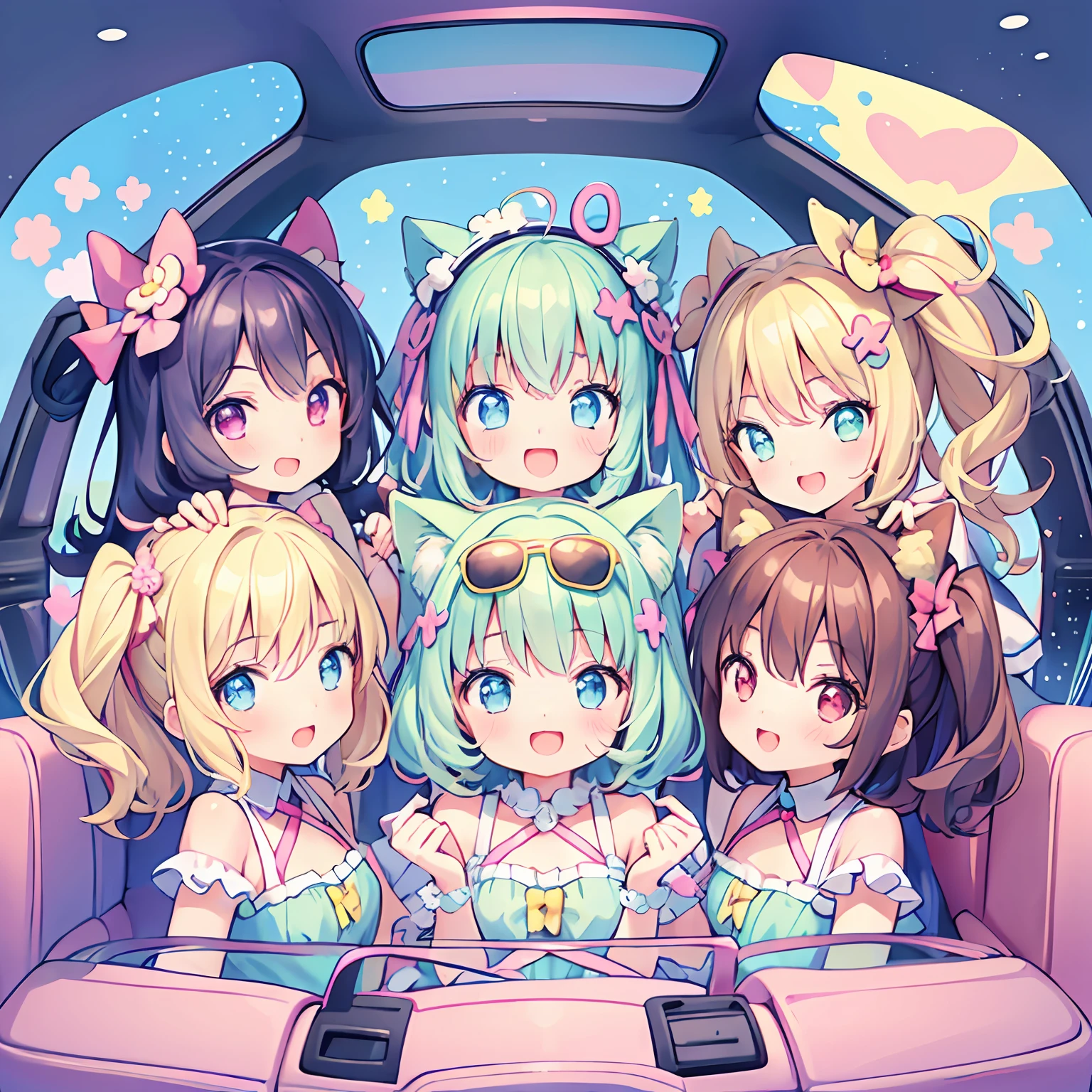 masterpiece, (2girls and 2girls and 2girls and 2girls in the car), idol, big eyes, kawaiitech, kawaii, cute, pastel colors, best quality, happy, deep background, symmetrical, tilted head, summer