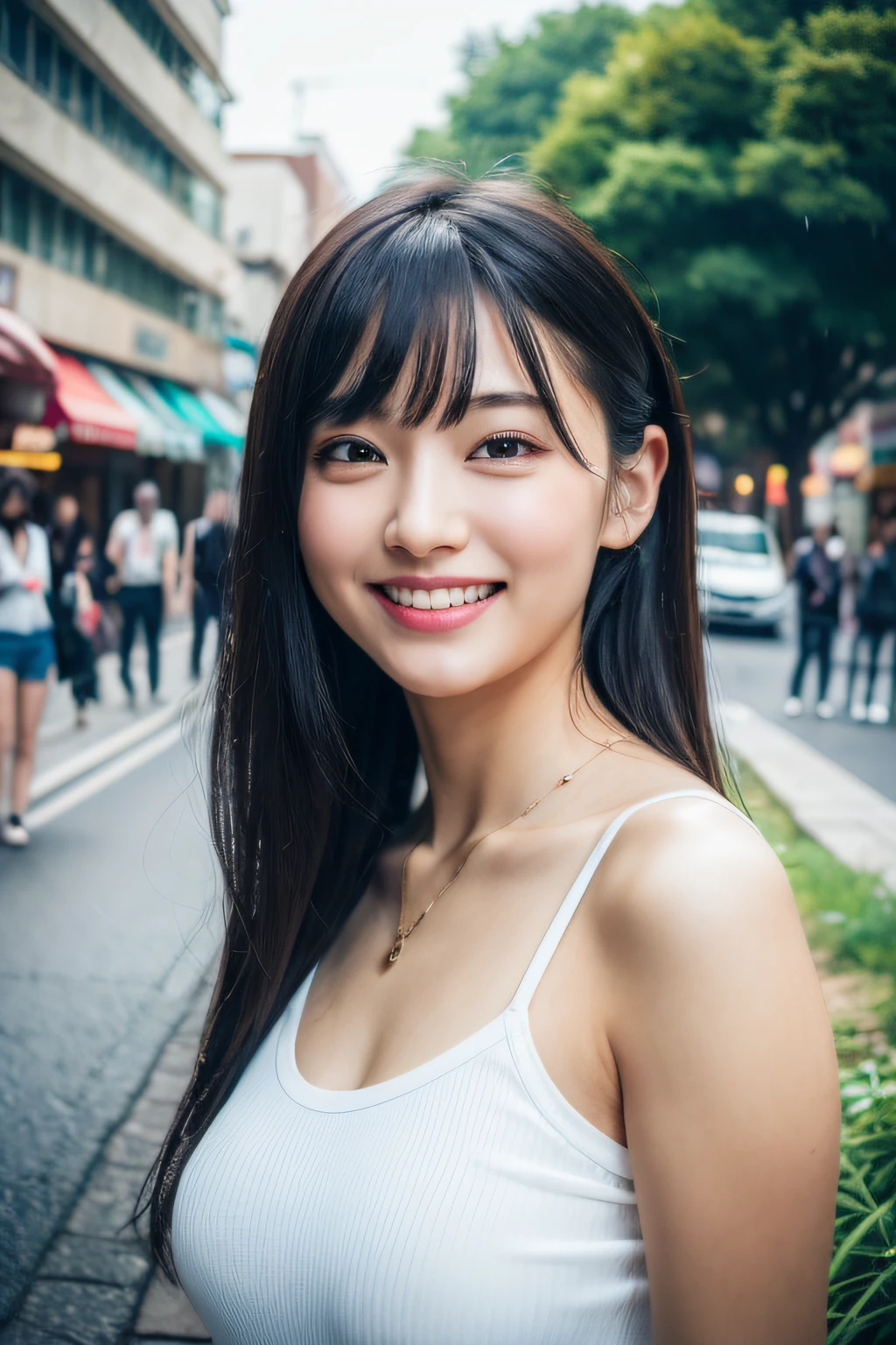 masterpiece、1 beautiful girl、A detailed eye、Puffy eyes、top-quality, 超A high resolution, (Realisticity: 1.4), OriginalPhotographs, 1girl in,cinematlic lighting、A smile、japanes、Asian Beauty、Korea person、neat atmosphere、Super beauty、A little juvenile face、Beautiful skin、A slender、Cyberpunk background、(A hyper-realistic)、(hight resolution)、(8K)、(ighly detailed)、(Best Illustration)、(beautifully detailed eyes)、(ultra-detailliert)、(wall-paper)、(A detailed face)、looking at viewert、fine detailed、A detailed face、pureerosfaceace_v1、A smile、46-point diagonal bangs、Facing straight ahead、neat and clean clothes、Black colored eyes、Hair wet in the rain、garments、White camisole、The body is facing forward、tiny chest、a necklace、small tits、