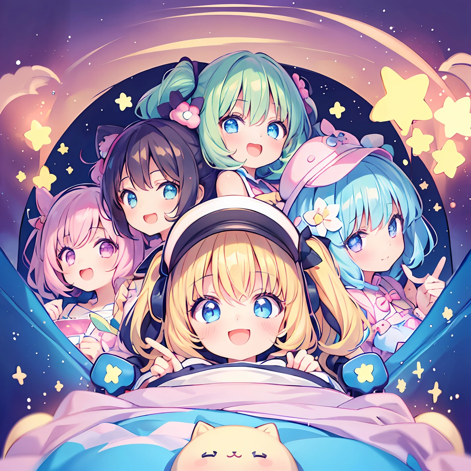 masterpiece, (2girls and 2girls and 2girls and 2girls in the car), idol, big eyes, kawaiitech, kawaii, cute, pastel colors, best quality, happy, deep background, symmetrical, tilted head, summer