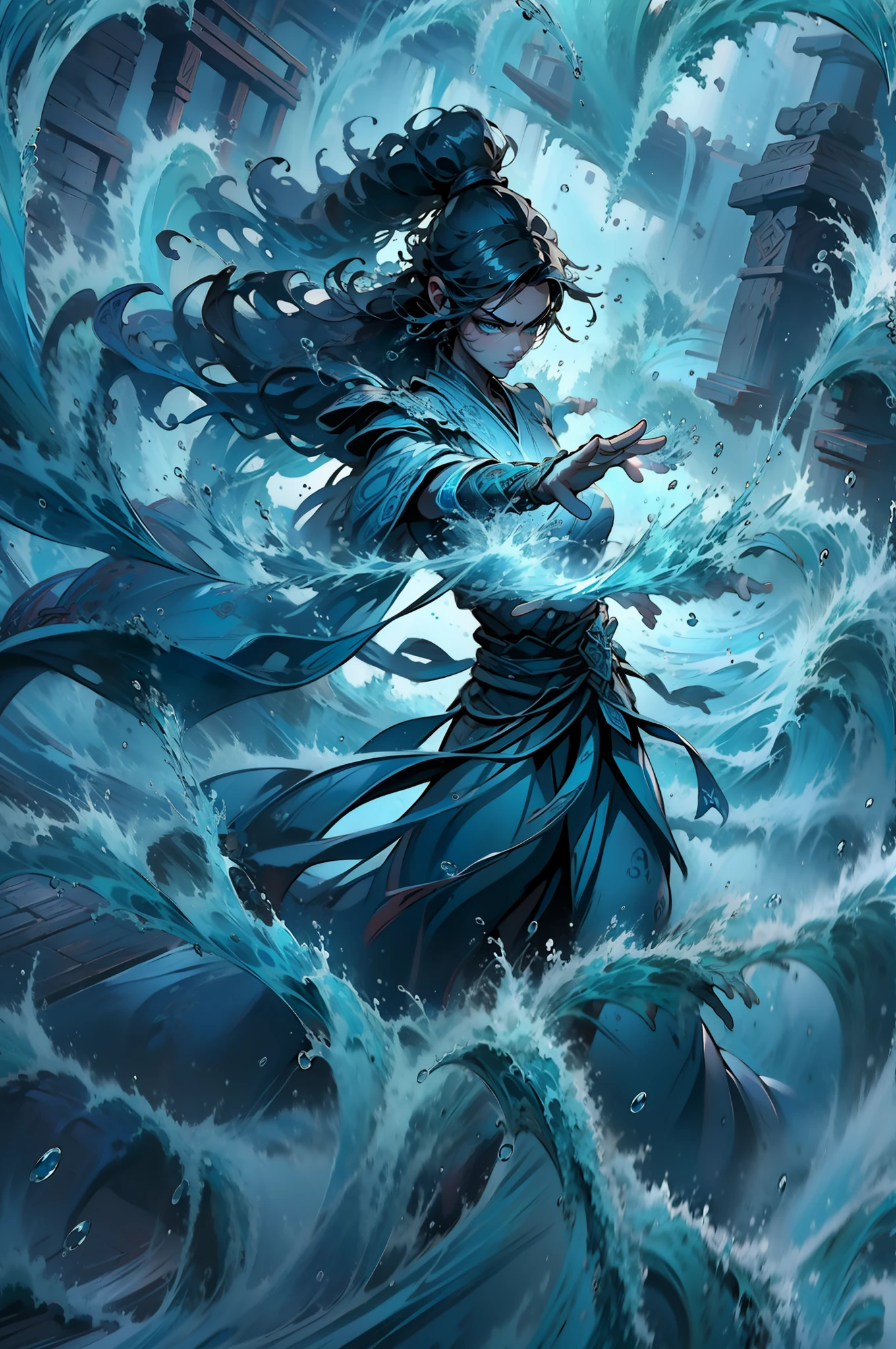 masterpiece, best quality, Highly detailed,1girl,model,large breasts,v-shaped eyebrows,long hair,messy hair,own hands clasped,looking afar,((water drops)),wet clothes,((beautiful detailed water)),((floating)),dynamic angle,water