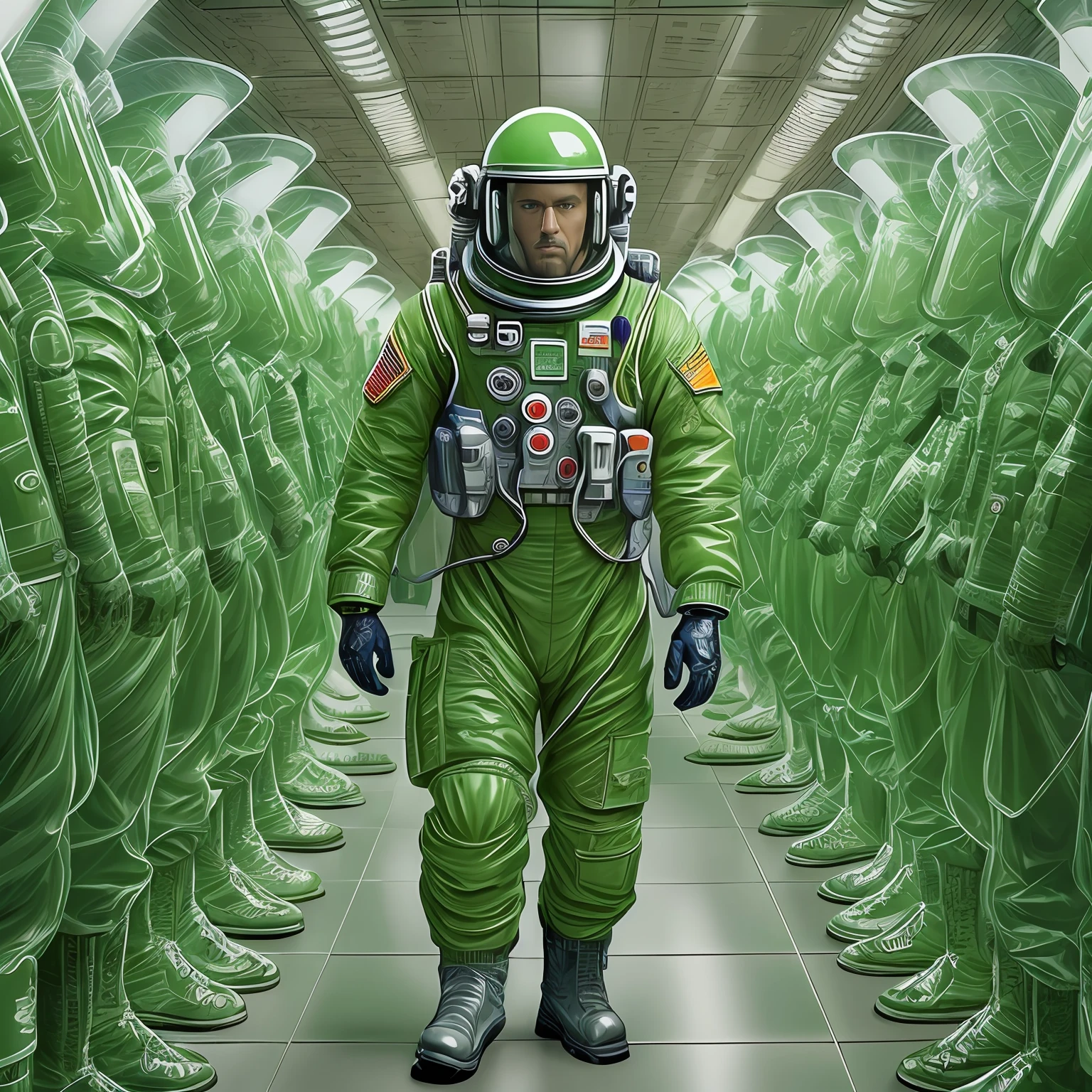 (Top quality,hyper realistic:1.3)Man with green plastic gas suits standing in lines, in the style of hyper-realistic still life, meticulous military scenes, highly detailed illustrations, organic chaos, elaborate spacecrafts, selective focus