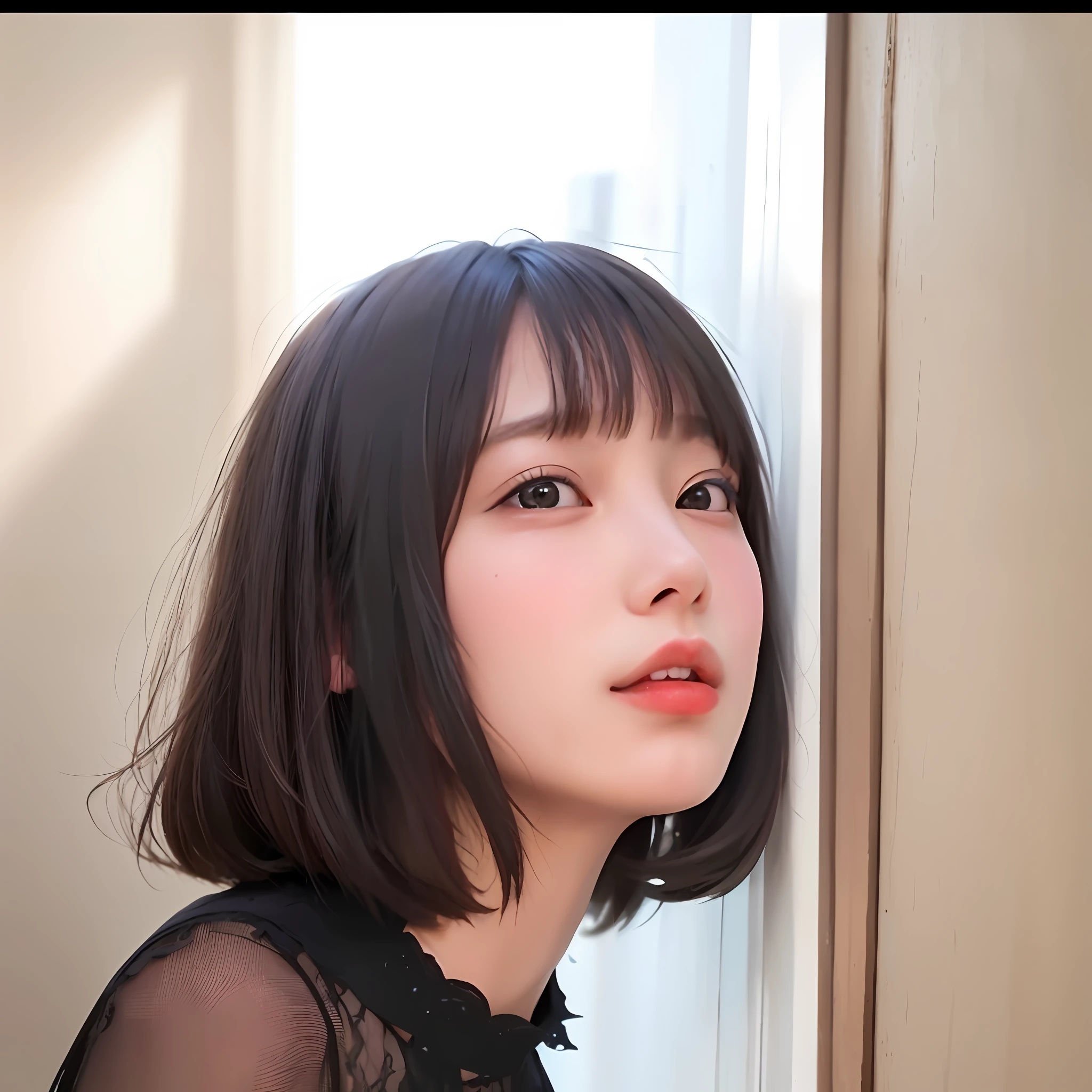 Close up portrait of woman in black dress and white wall, sakimichan, sakimichan, cute natural anime face, Young adorable Korean face, shikamimi, wan adorable korean face, Larisa Manobal, the face of a beautiful Japanese girl, girl cute-fine-face, chiho, kawaii realistic portrait, japanese facial features,Extraordinary Beauty,Fine-grained skin,BDSM Costumes,Crab crotch sitting,Full body like,barechested,Red collar,