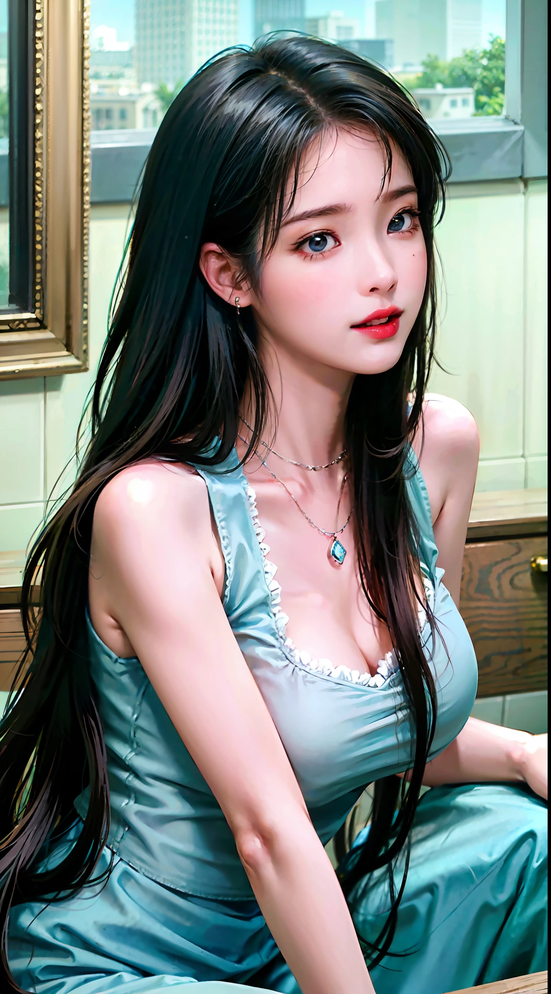 Nikon RAW photo,8 k,Fujifilm XT3,masterpiece, best quality, realistic, photorealistic,ultra detailed,1girl,solo,smiling,blush,sexy posture,
close up portrait,diamond necklace,
diamond stud earrings, long straight brown hair, hazel eyes,((blue sleeveless dress:1.2)),in the restaurant,big breasts,bump,slim waist