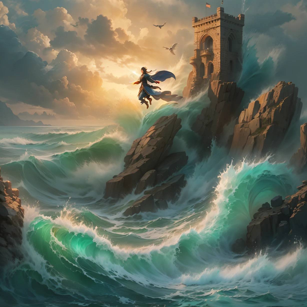 ,masterpiece, best quality,8k, ultra highres,On a vast island,Rocks tower,choppy。A water magician stands at the top of a cliff,Overlooking the azure ocean。He raised his arms,The body shook slightly,It's like dancing with the waves。His fingers flicked lightly,A golden light gushed out from the fingertips,A magnificent wave forms in an instant。The waves are towering,choppy,As if to touch the sky。The water magician jumped into the air with a sturdy posture,Step on the waves,Jump as the waves roll,Like an angel spreading its wings