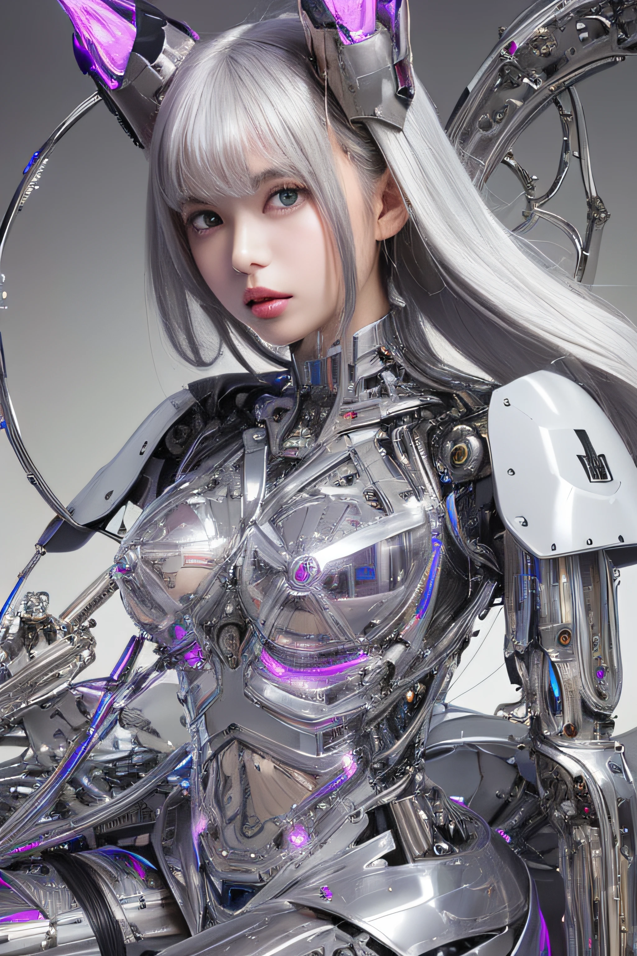 top-quality、​masterpiece、超A high resolution、(Photorealsitic:1.4)、Raw photo、女の子1人、Black hair、(((Colorless transparent latex of a glamorous female shape that forms the body:1.4)))、(((Raw skin:1.4)))、(((Large silver-plated metal nipples:1.4)))、(((Silver mirrored metal bones seen through latex):1.4)、((super realistic details))、portlate、globalillumination、Shadow、octan render、8K picture quality、ultrasharp、((All mechanical metals are mirrored silver plated.:1.4))、Mechanical skeleton、Vascular in the tube、highly intricate detail、Realistic light、CGSoation Trends、a purple eye、radiant eyes、Facing the camera、neon details、(Mechanical ribs)、Mechanical spine、Mechanical vertebrae、Mechanical neck、sitting on、Wires and cables connecting to the head、Gundam、Small LED lamp、(Purple lighting from behind:1.2)、