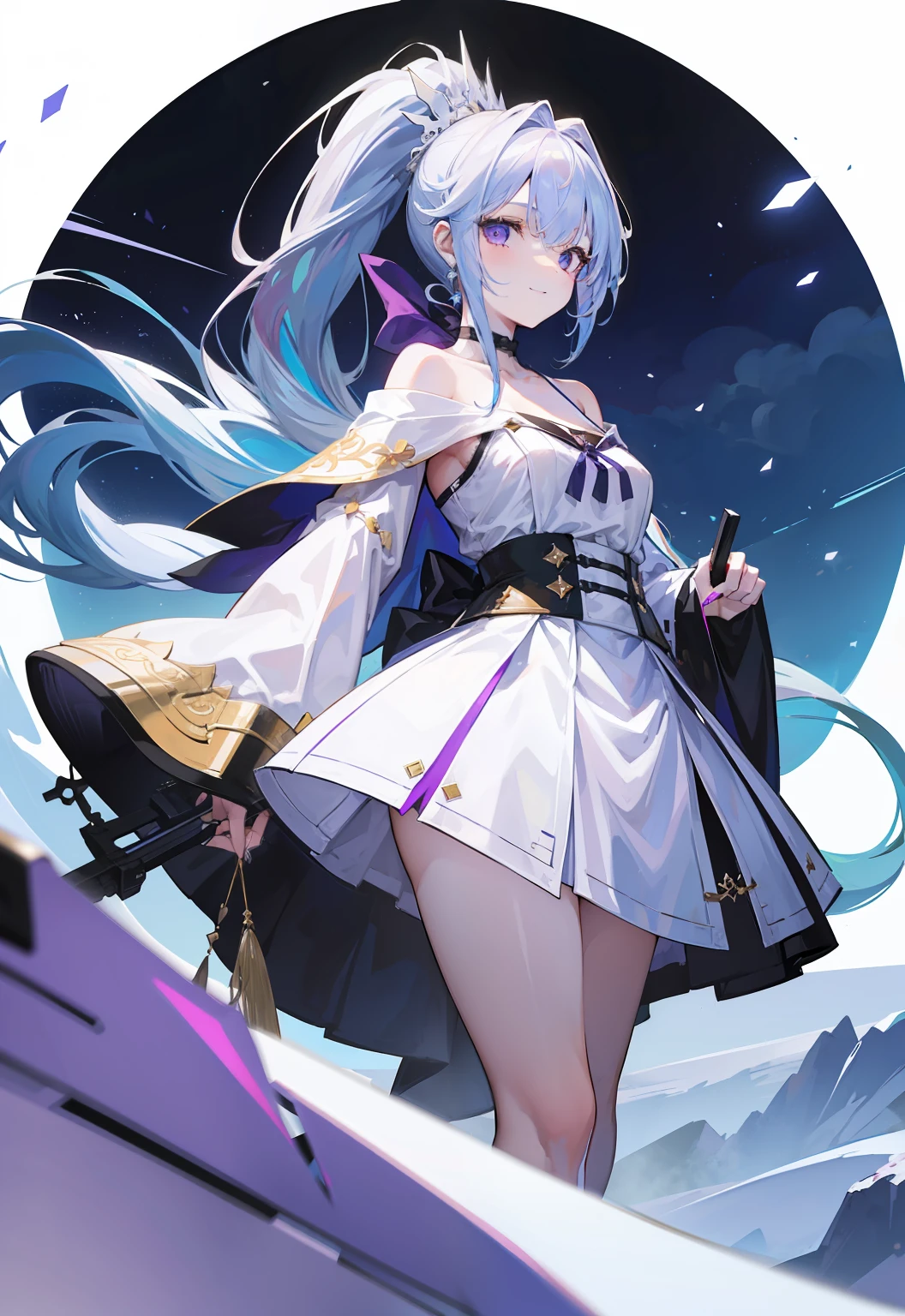 tmasterpiece,best qualityer,Fuller,white clothes,Superskirt,Purple cloak,1girll,quadratic element,White heels,ssmile,full bodyesbian,With flintlock guns,Slip dress,White color hair,High ponytail,blue hair ornament,Long black hair band,Simple clothing,A plump chest,ssmile,Expose the collarbone,a black skirt,There are white trims on the skirt,Pedras preciosas