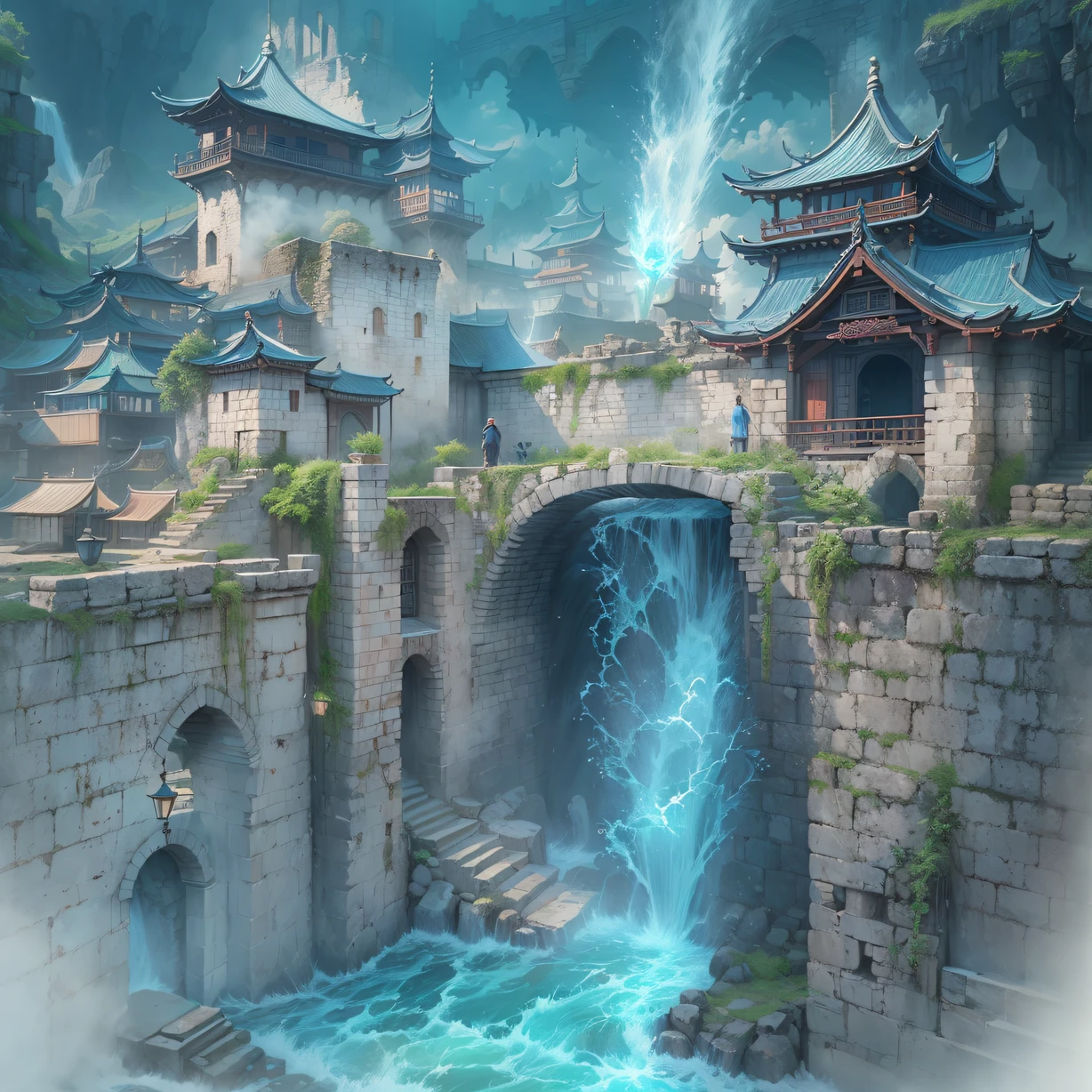 ，Masterpiece, Best quality，8K, 超高分辨率，in the early morning，The sun shines on the ancient castle，The castle is surrounded by a wide river。inside castle，A man who can resist water magic is repairing damage to the walls。He waved the staff in his hand，A soft blue glow flickers，The water element instantly condensed into a powerful water column，Cleverly filled the gaps in the city walls。The water column spins up，It seems to have life，It exudes an atmosphere of tranquility and mystery。Pedestrians outside the castle saw this scene，All were surprised，Everyone admired the skills of this water magician。