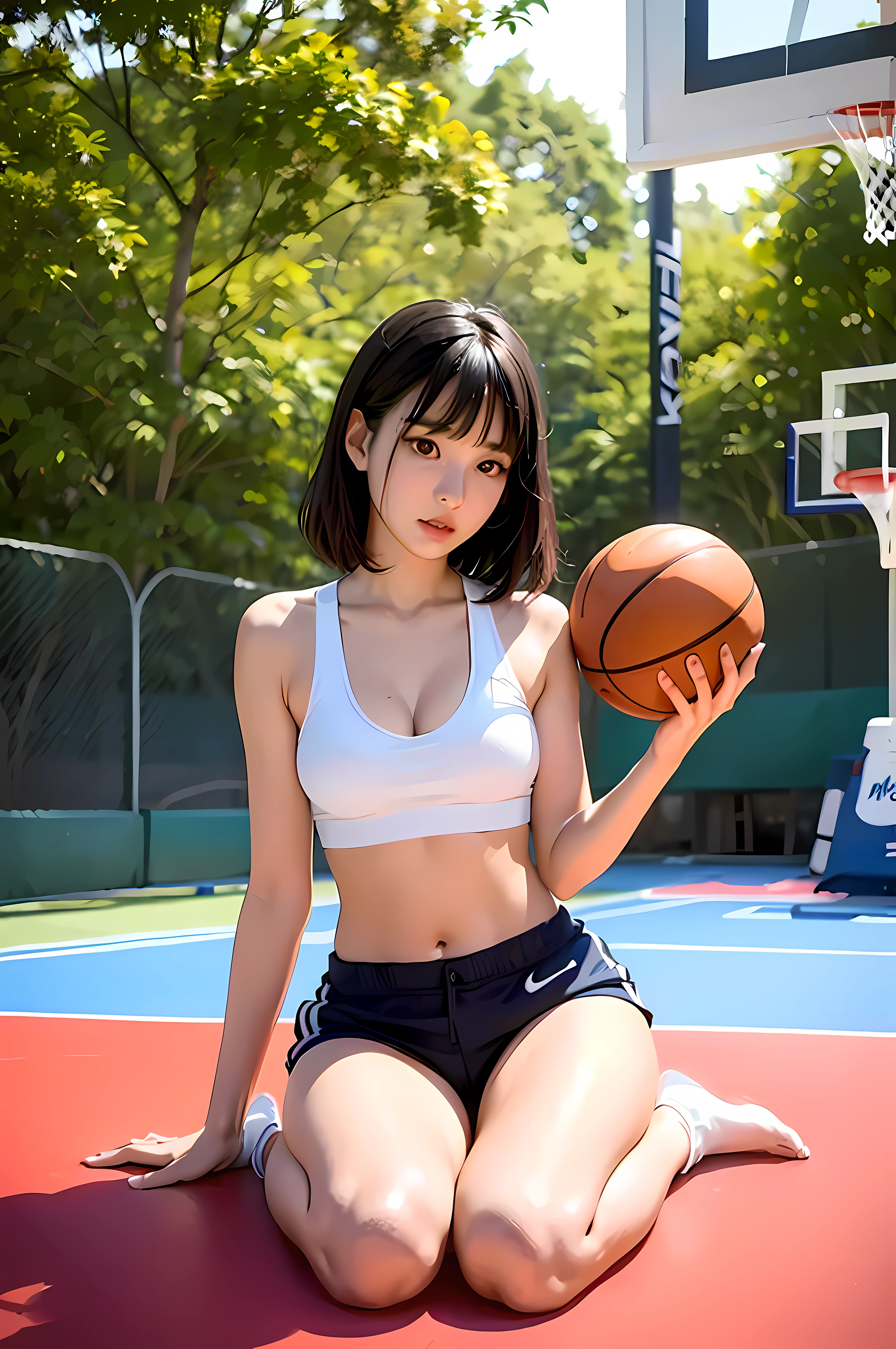 Woman kneeling barefoot on basketball court,, Sporty, Korean girl, Body movement, wearing basketball jersey, Gorgeous young Korean woman, sport bra and shorts, basketball, beautiful Korean women, Beautiful young Korean woman, sport bra and dark blue shorts, sport bra and shirt, Sport Bra, cute sportswear, hot with shining sun, Beautiful Asian girl,see-through transparent clothes,
