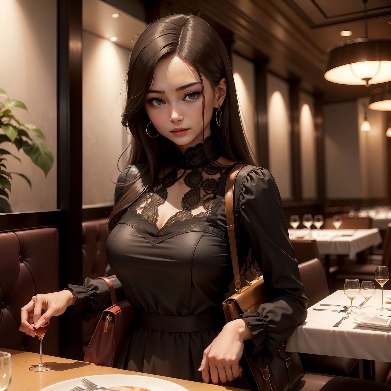 A beautiful woman in a high-end restaurant with a haughty expression lifted a brand-name bag