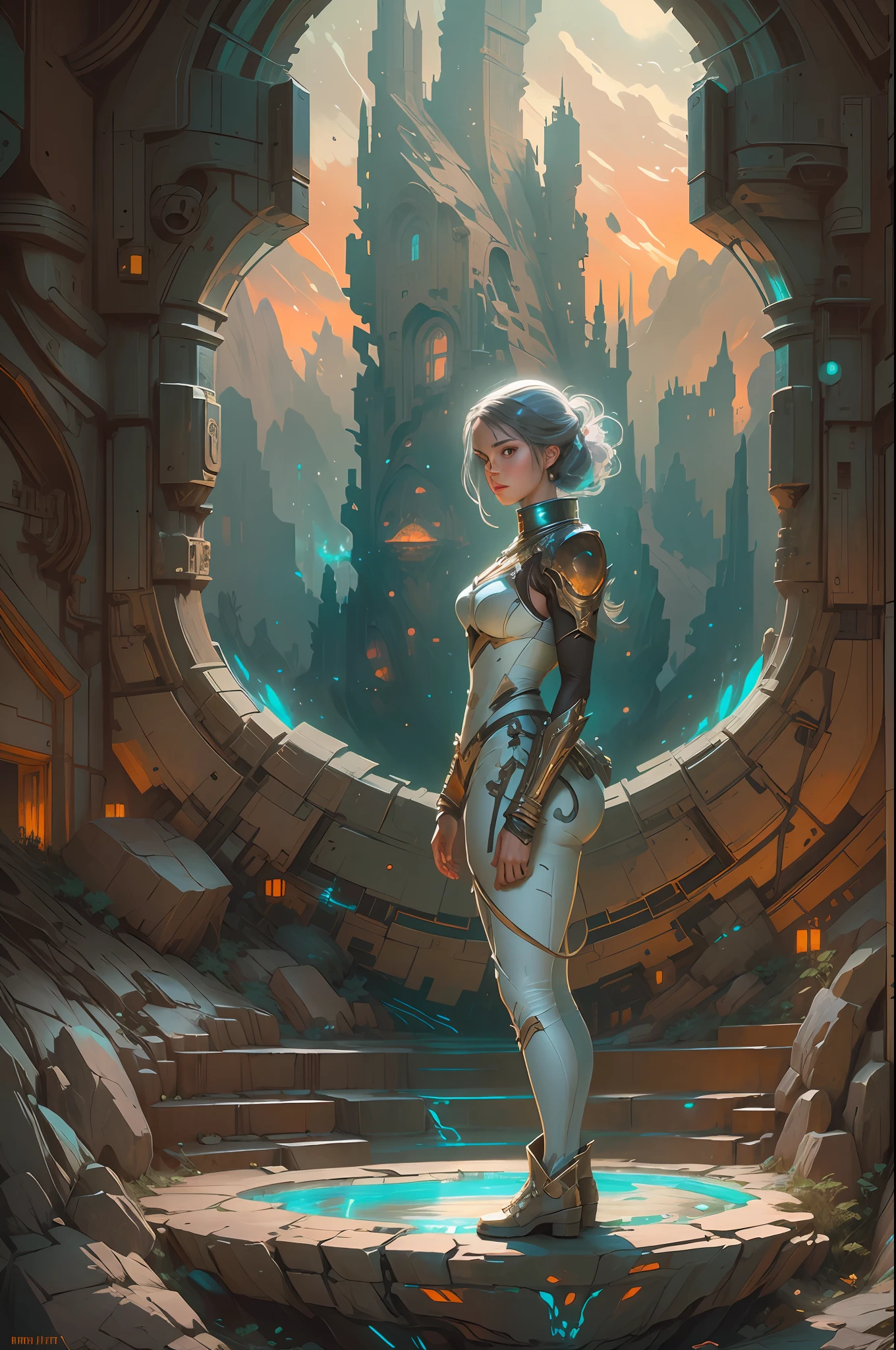 Portrait of a girl standing on a marvelous stone, standing gitl:1.2, (Low contrast ), colorfantasystyle, Oil painting on matte canvas, sharp detailed, the expanse scifi spacescape ceres colony, Intricate, Highly detailed, Digital painting, plethora of colors, smooth, Sharp focus, illustration, Unreal Engine 5, 8K, art by artgerm and greg rutkowski and alphonse mucha , art by midjourney