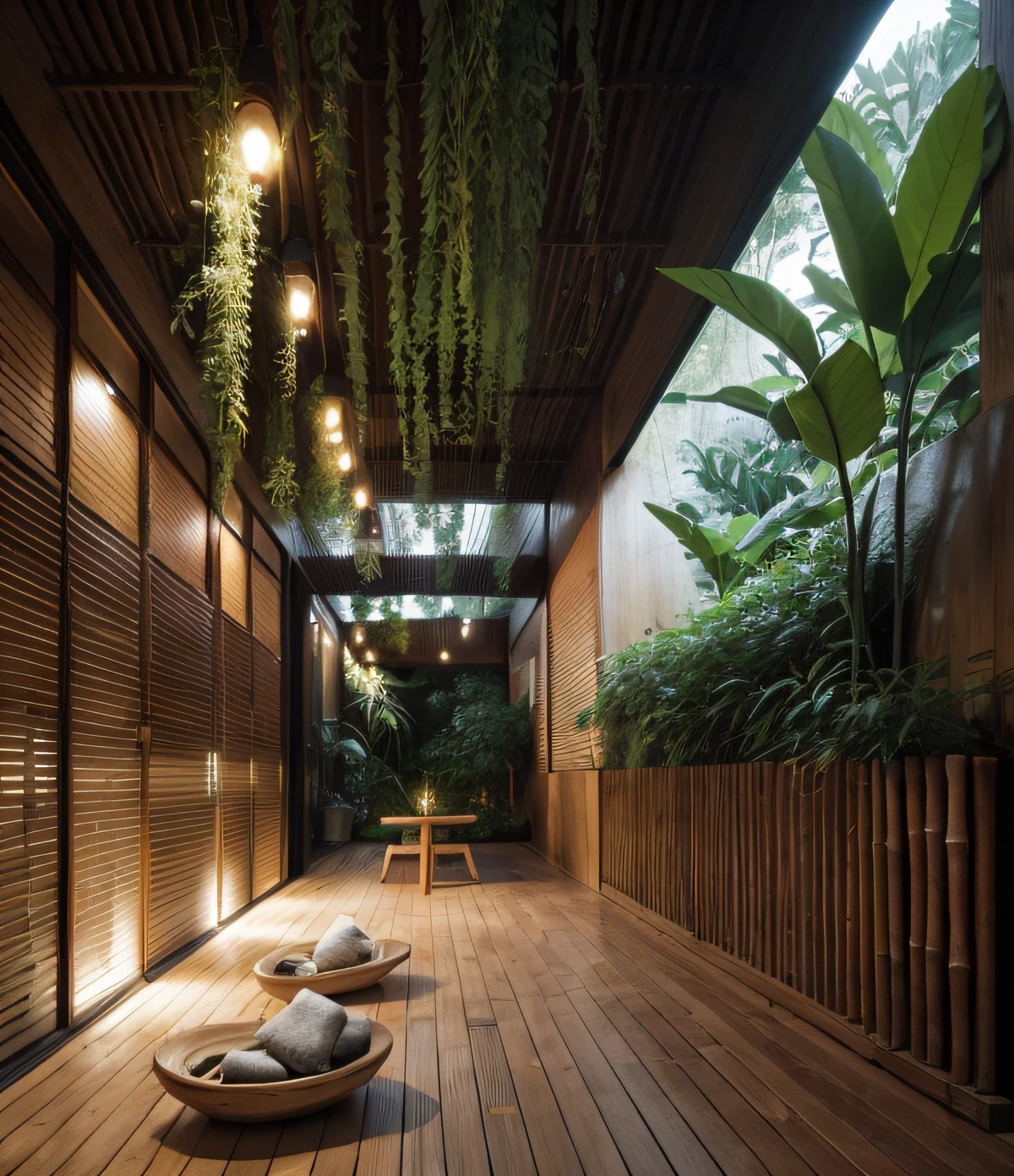 A photo of indoor garden, tropical garden, (minimalism style), lighten wood, indoors, exterior, trees, green architecture, lantern light, sand, bamboo, forest, architecture visualization, photography, 8k, masterpiece, ultra quality, (Meditation), relaxing, night light, no human