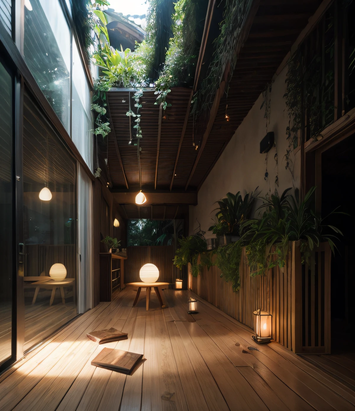 A photo of indoor garden, tropical garden, (minimalism style), lighten wood, indoors, exterior, trees, green architecture, lantern light, sand, bamboo, forest, architecture visualization, photography, 8k, masterpiece, ultra quality, (Meditation), relaxing, night light, no human