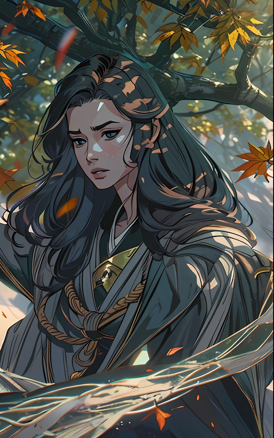 独奏. In the foreground is a throne +A girl of thirty years old, in a long cloak, long dark hair, looks at the dangling rope, an intricate, Pattern, Realistic fantasy, 7K,A hyper-realistic, hyper-detailing, analog style, The wind whirls the leaves, The leaves are twisted into a spiral, The leaves fall off, , humble, An old cloak, detailed skin, Matte skin, soft-lighting, sub-surface Scattering, Realistic, Heavy shadow, Masterpiece, Best Quality, ultra realistis, 8K, the golden ratio, Intricate, high detail, Film photography, soft focus, BREAK , Illustrate a monochromatic world with the addition of green, Use only shades of black, White & gris, To convey depth, Emotions and striking visual impact. Landscapes."street fighter", in the style of 0MIB, many people, slums