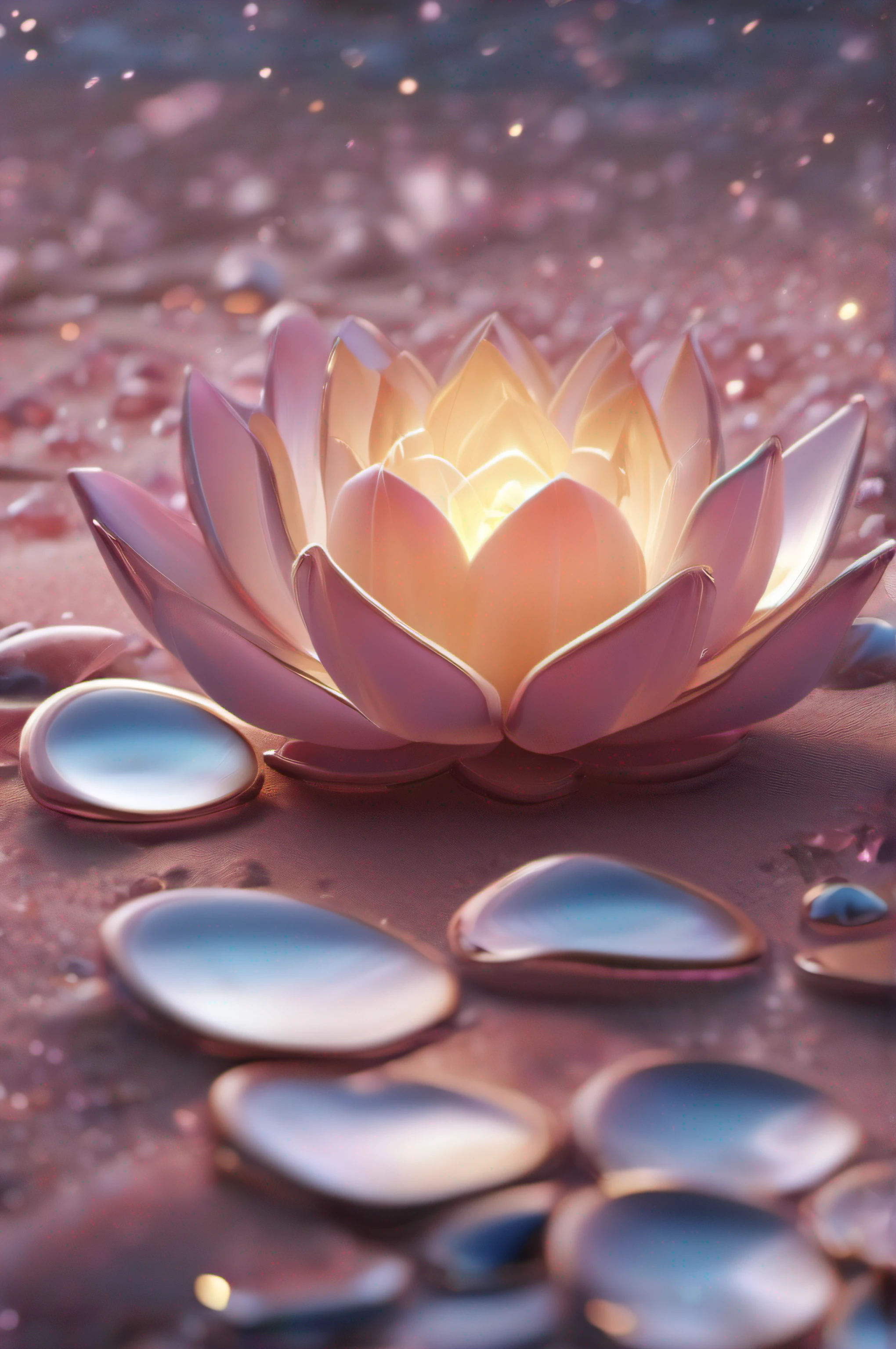 (8k wallpaper, .primitive, Photorealistic:1.25) ,( glossy side,, Best quality, Ultra-high resolution, Depth of field, color difference, Caustics, Special light) ,Iridescent color style,(dreamy and romantic compositions:1.5),Bright style,Crystal clear stone,Lotus-shaped stone,sandbeach,with light glowing,Tyndall rays,