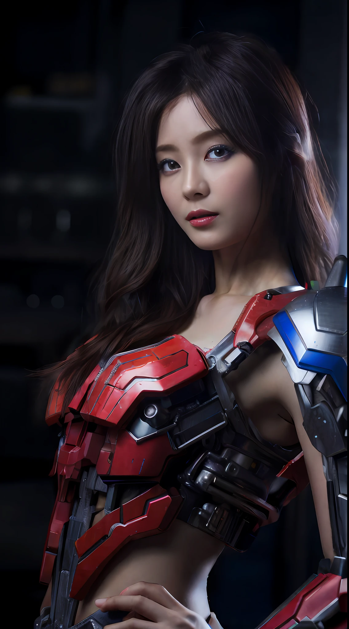 Chinese theme,primitive, Masterpiece, ultra fine photos,Best quality, Photorealistic, Sunlight, Full body portrait, stunningly beautiful, dynamicposes, Delicate face, Vibrant eyes, ( Frontal view) , She wears a futuristic Optimus Prime mech, Red and blue color scheme, Highly detailed abandoned warehouse background, Detailed face, Detailed and complex busy background, Messy, Gorgeous, Milky white, highdetailskin, Realistic skin details, Visible pores , Sharp focus, volume fog, 8K UHD, SLR camera, High quality, filmgrain, Fair skin, Photorealism, DL, sprawling metropolis in futuristic dystopia,Translucent