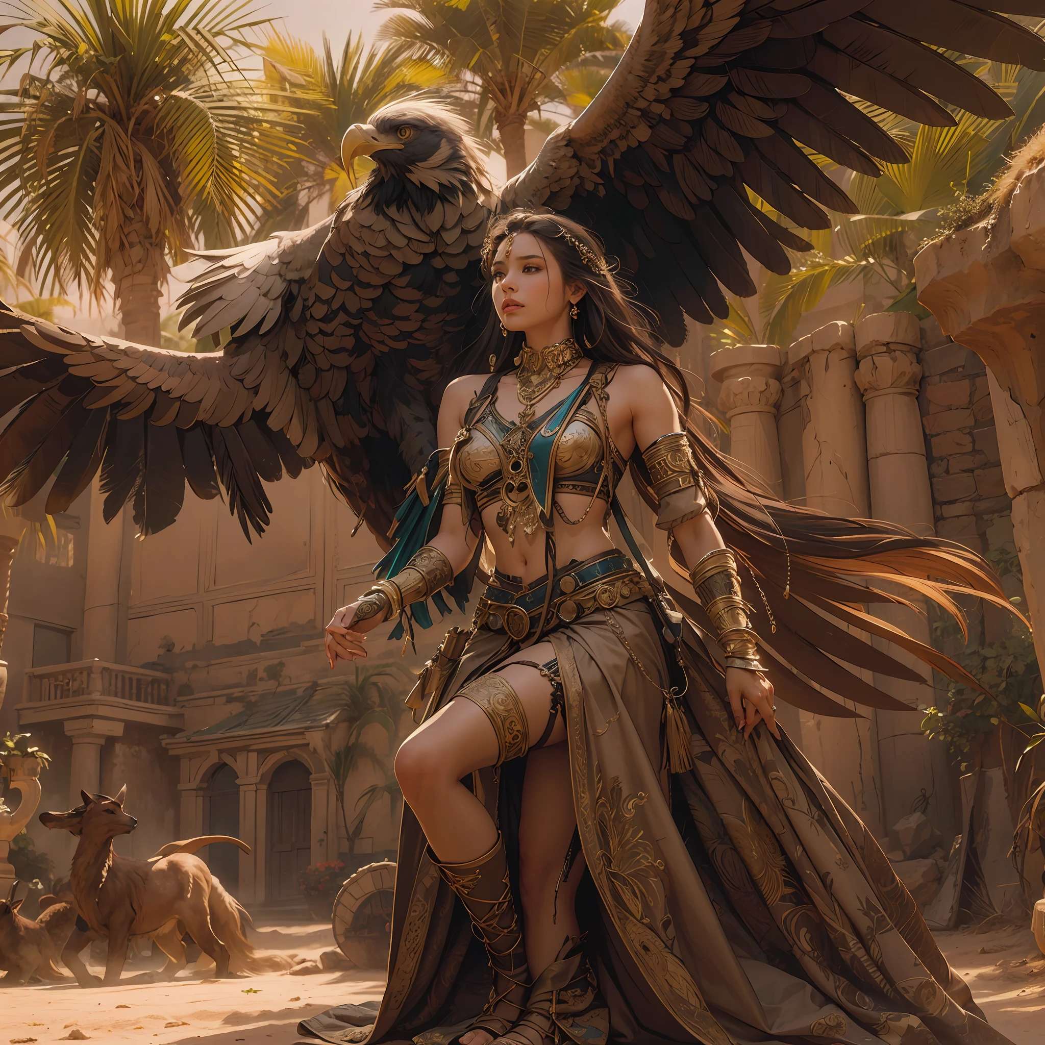 high details, best quality, 8k, [ultra detailed], masterpiece, best quality, (extremely detailed), dynamic angle, ultra wide shot, RAW, photorealistic, fantasy art, beautiful female human druid her eagle in an oasis in the desert, female human (1.4 intricate details, Masterpiece, best quality) epic fantasy human druid (1.4 intricate details, Masterpiece, best quality) epic flying eagle (1.6 intricate details, Masterpiece, best quality), full human body, [[anatomically correct]]. dynamic position (1.5 intricate details, Masterpiece, best quality) flying gold eagle (1.6 intricate details, Masterpiece, best quality) in desert background (1.5 intricate details, Masterpiece, best quality), a human female wearing leather clothes, desert clothing, holy symbol (1.4 intricate details, Masterpiece, best quality), leather boots, thick hair, long hair, dark hair, tan skin intense eyes, desert background (intense details), an oasis in the background palm trees and small spring(1.4 intricate details, Masterpiece, best quality), divine light, god light (1.4 intricate details, Masterpiece, best quality), high details, best quality, highres, ultra wide angle