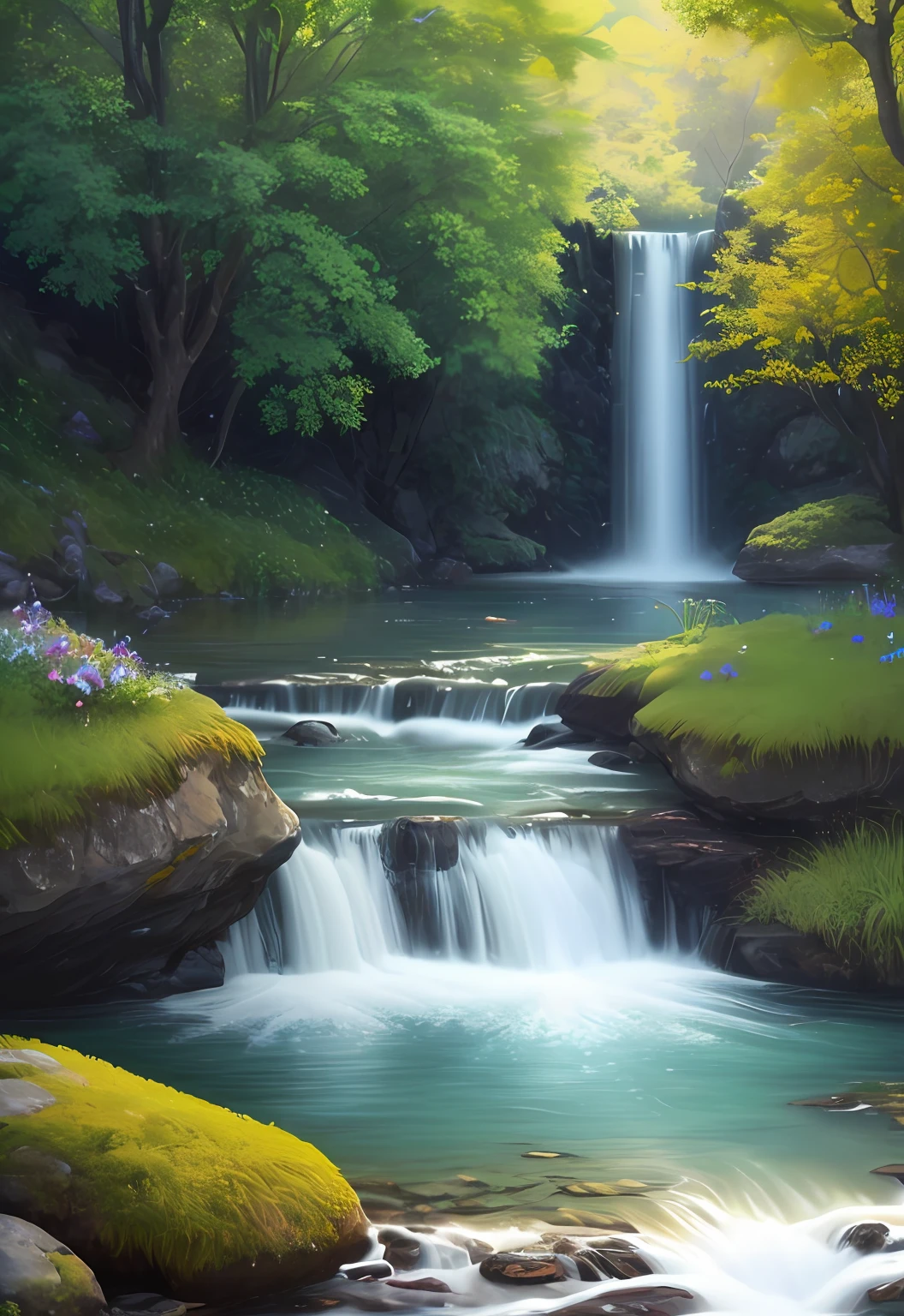 paisagem, water, (papel de parede 8k de unidade CG extremamente detalhado), obras de arte mais bonitas do mundo, professional majestic oil painting, intrincada, alto detalhe, foco nítido, dramatic and photorealistic painting art, uma enseada para sentar e observar