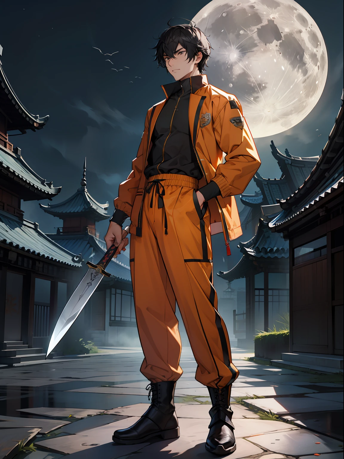 best qualtiy,tmasterpiece,超高分辨率,mtu,Tang suit,Long knives,Full moon,standing on your feet